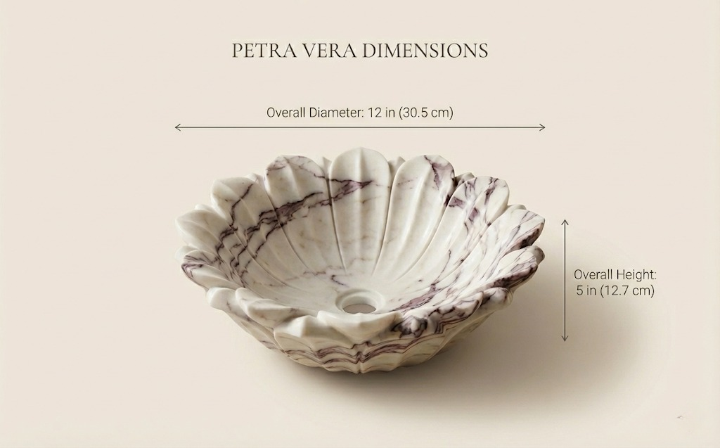 Dimension diagram of marble flower vessel sink with diameter and height measurements in cm and in…