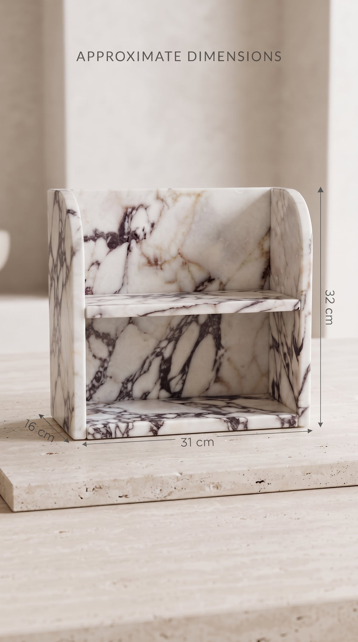 Calacatta Viola marble organizer with approximate dimensions 31 cm wide, 16 cm deep and 32 cm high