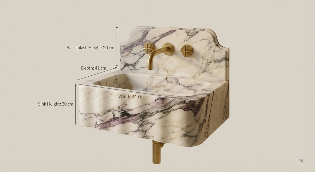 Dimension diagram of wall mounted marble sink with backsplash, size details in cm and inches
