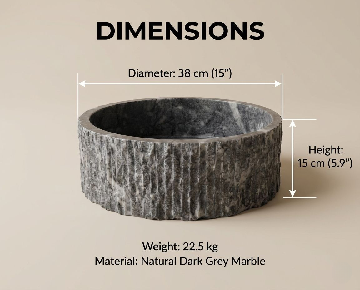 Dimensions diagram of dark grey marble round vessel sink showing 38 cm diameter and 15 cm height