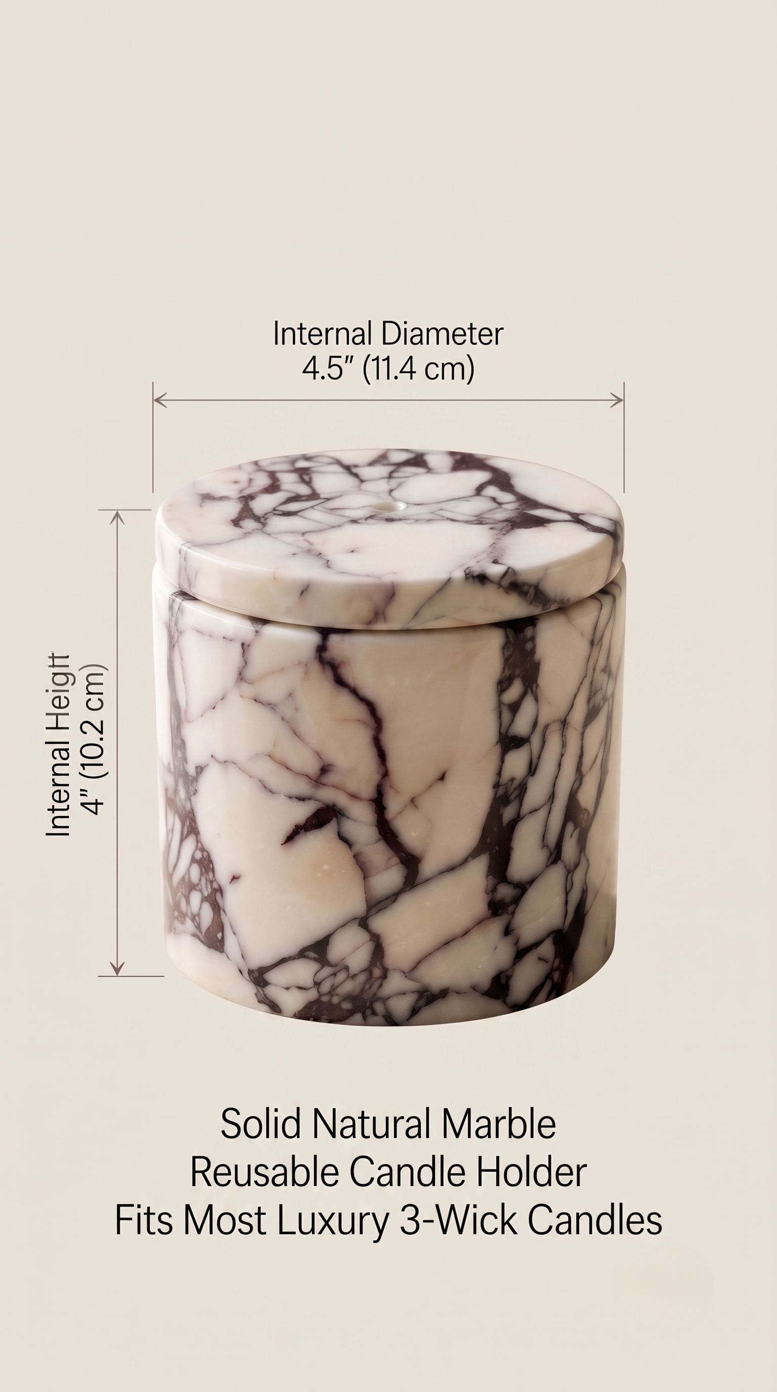 Dimensions of reusable marble candle holder for luxury 3 wick candles.