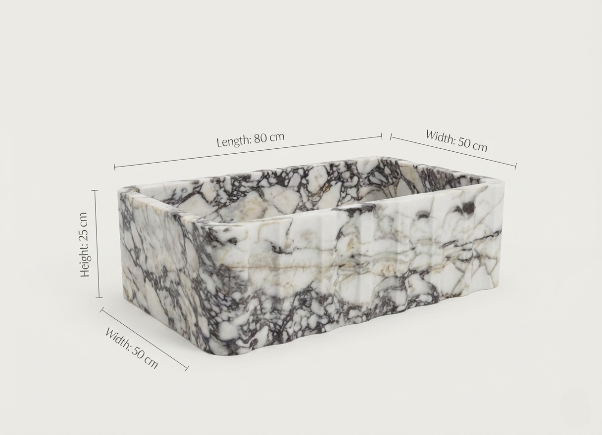 Dimensions of fluted Calacatta Viola marble sink 80x50x25 cm rectangular vessel sink size details