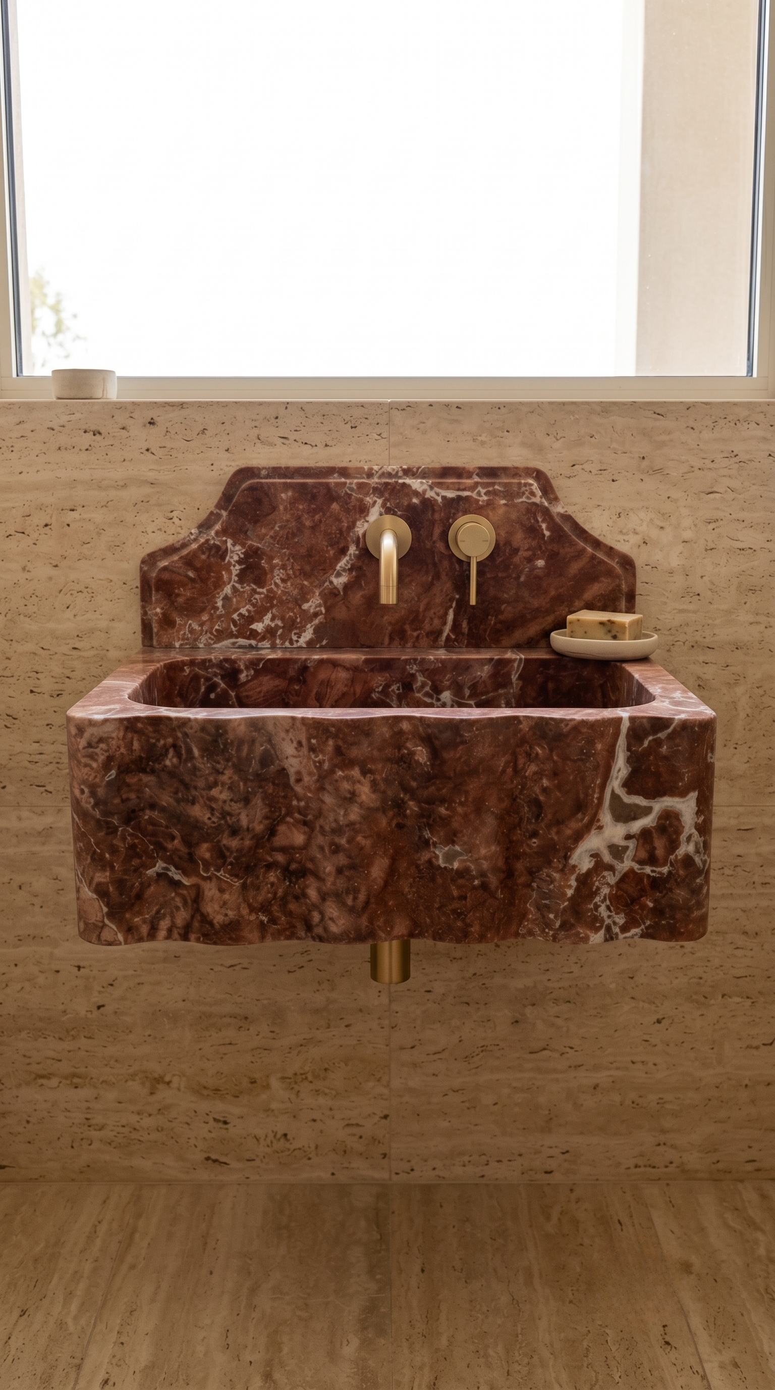 Handcrafted red travertine wall mounted bathroom sink with integrated backsplash by Petra Vera.