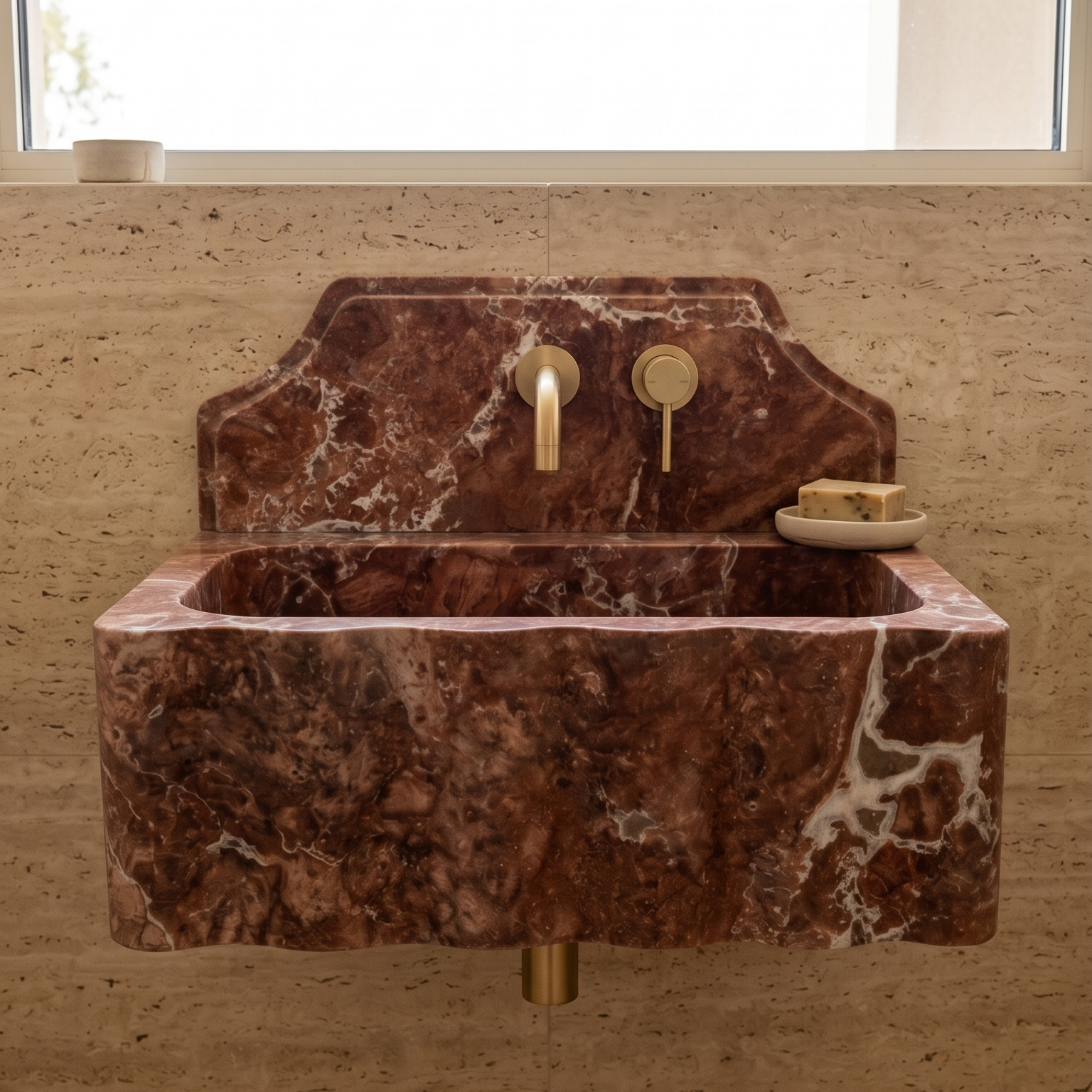 Handcrafted red travertine wall mounted bathroom sink with integrated backsplash by Petra Vera.