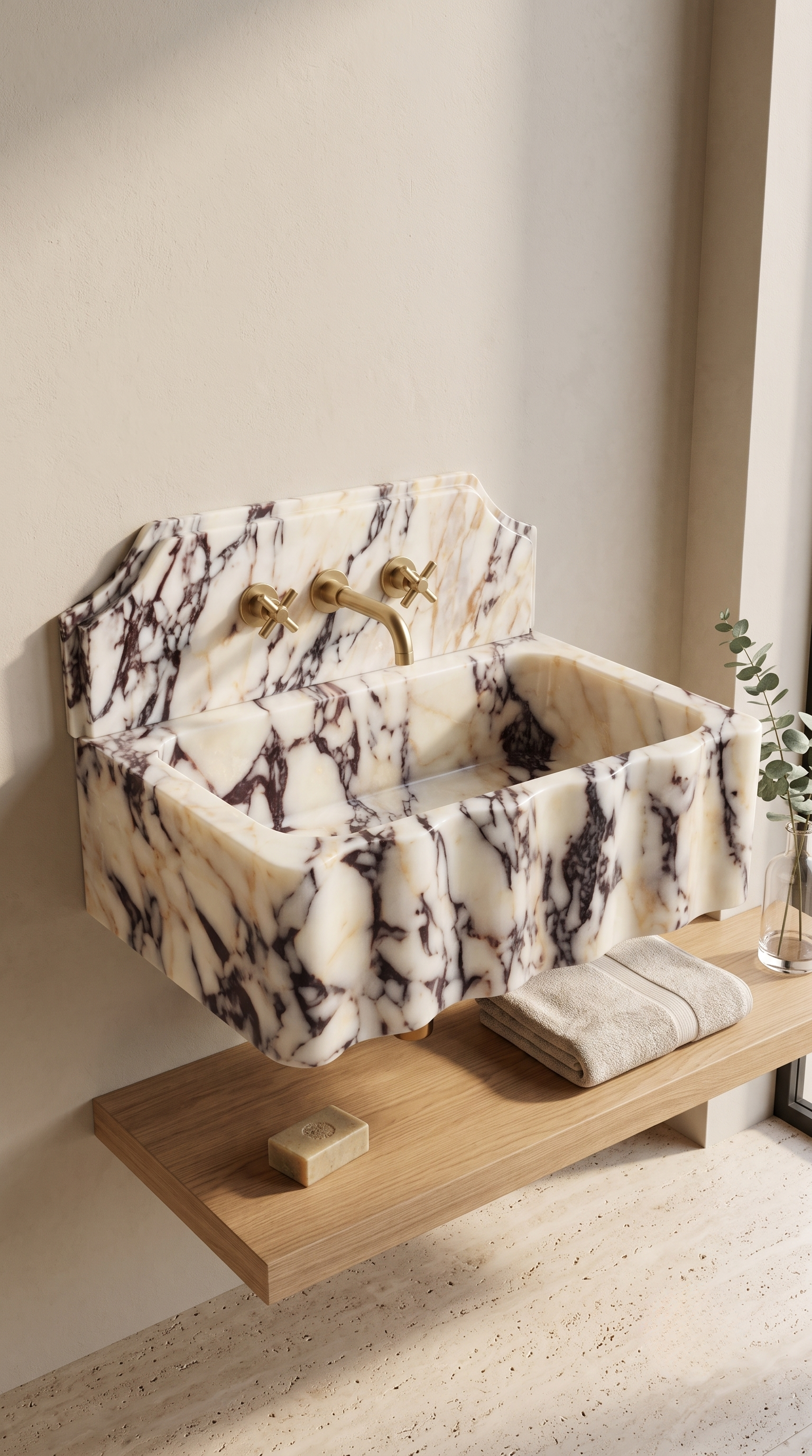 Custom Calacatta Viola Marble Wall Mounted Bathroom Sink with Decorative Scalloped Front