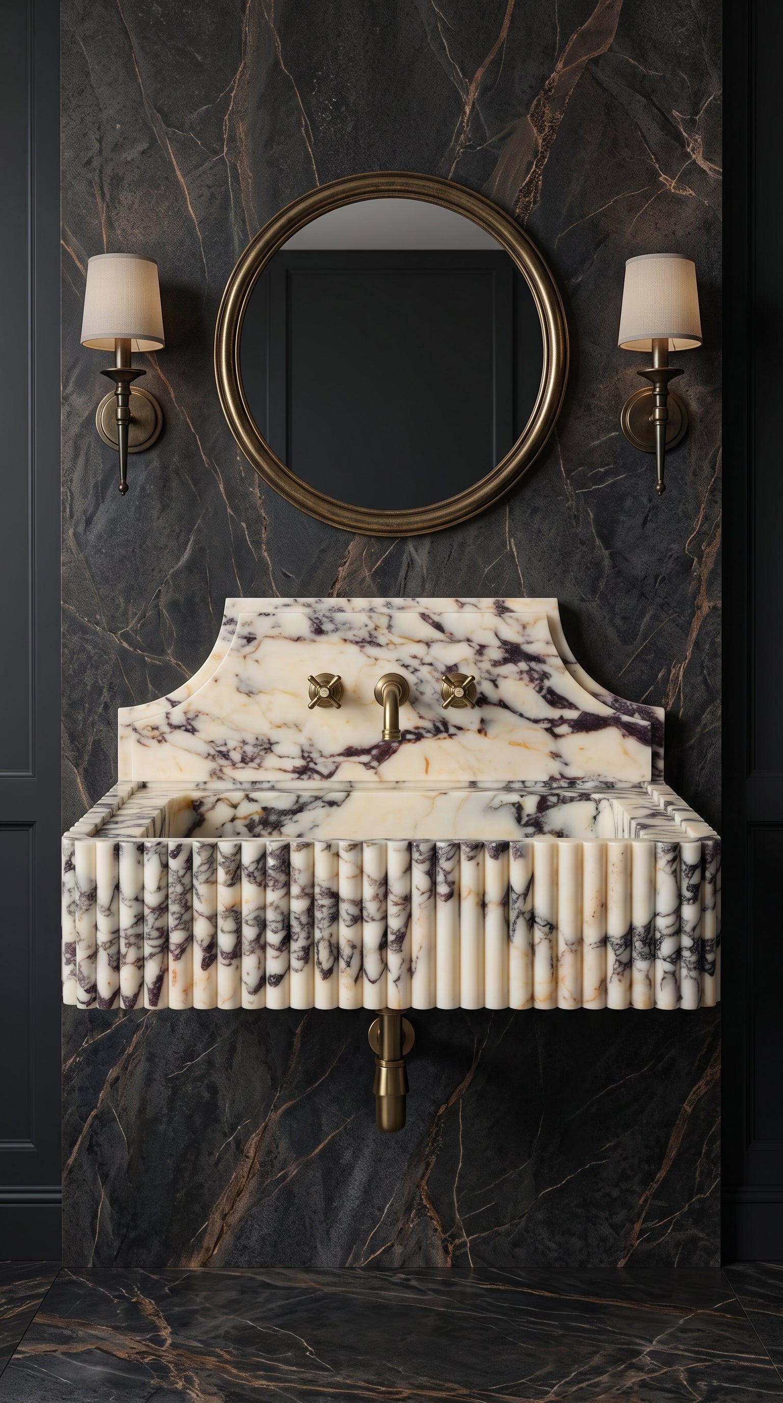 Front view of a handcrafted Calacatta Viola marble wall-mounted sink with fluted facade and decorative backsplash.