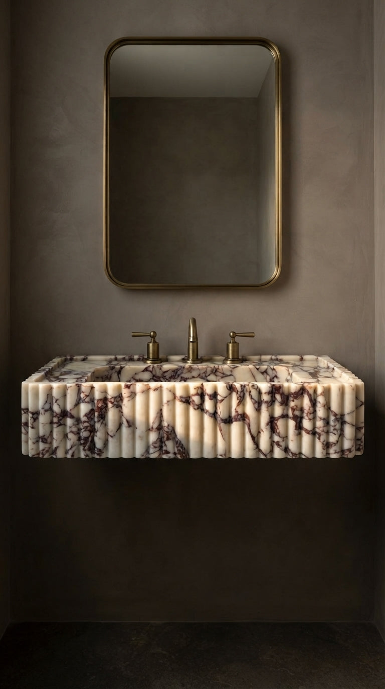 Calacatta Viola fluted wall-mounted marble sink with deck-mounted brass faucet in a luxury bathroom.