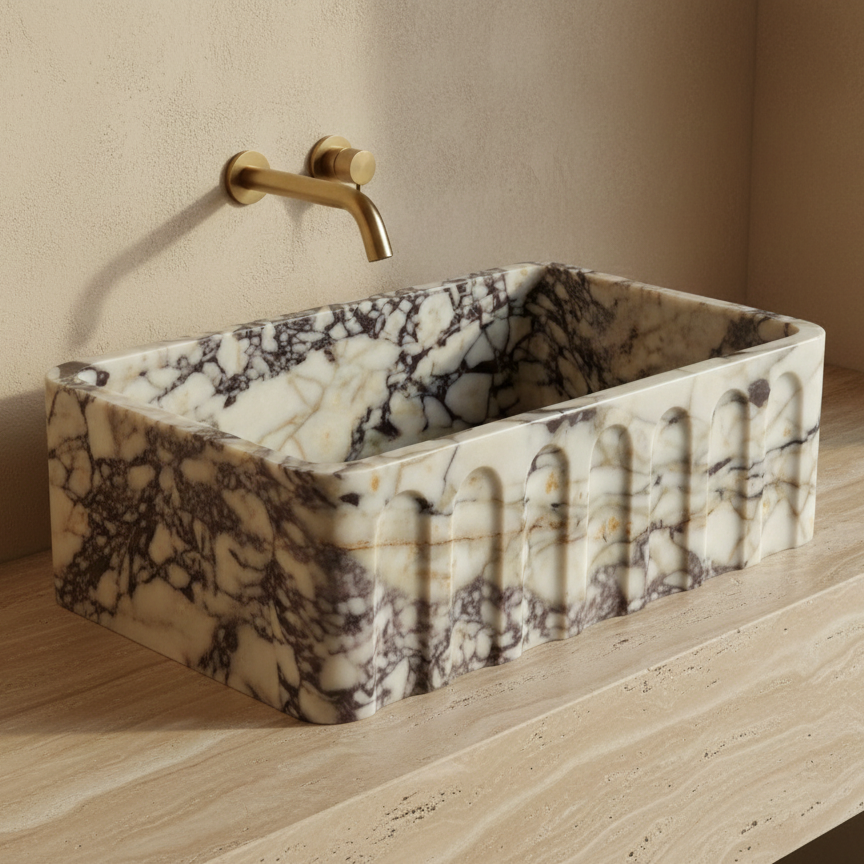 Fluted Calacatta Viola marble sink rectangular luxury vessel sink on beige countertop