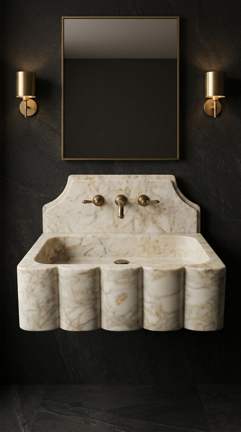 Front view of a Calacatta Gold marble wall-mounted sink with sculpted scalloped detailing, decorative backsplash and brass fixtures.