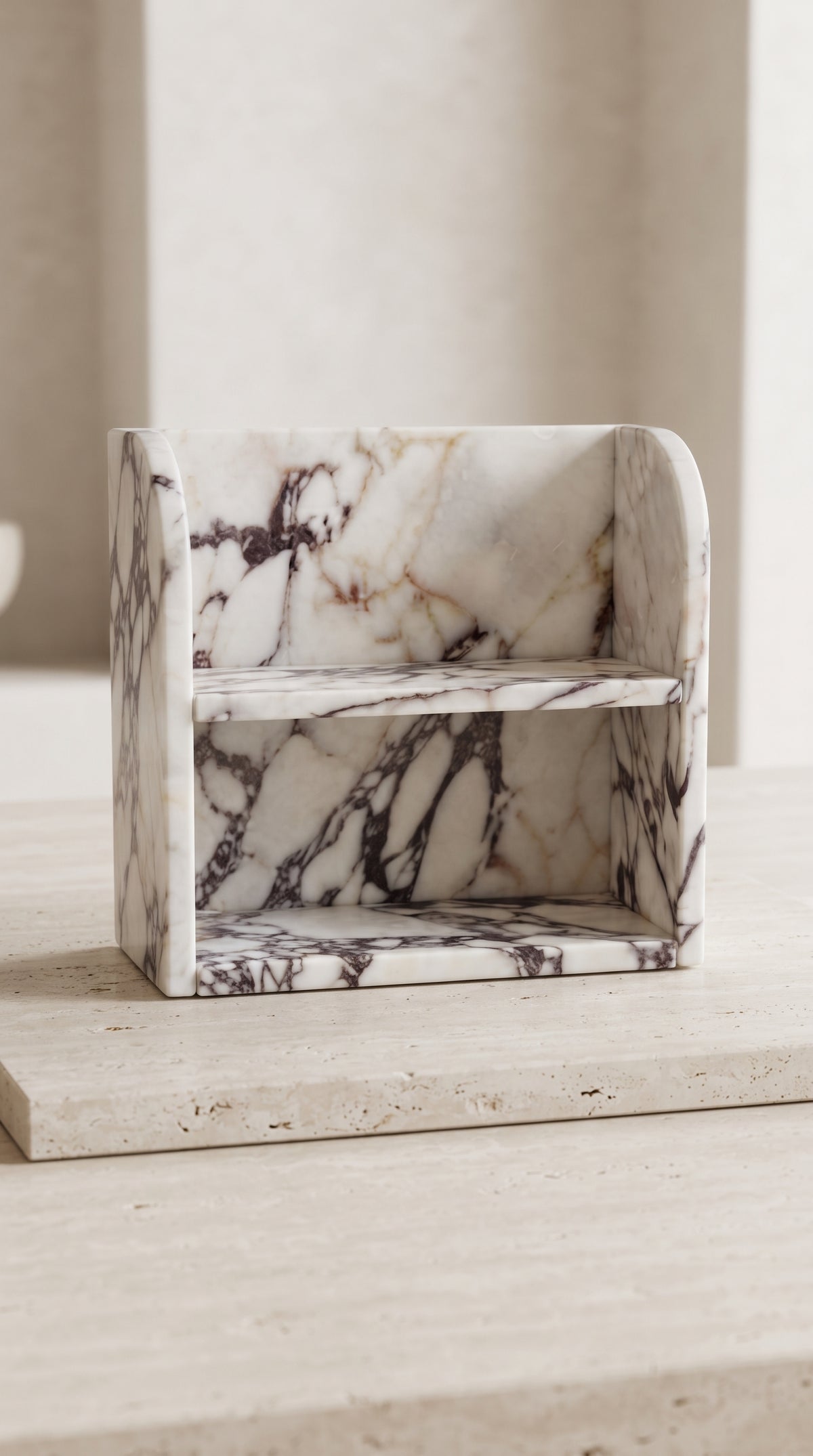 Handcrafted Calacatta Viola marble countertop organizer with two-tier storage and curved side profiles