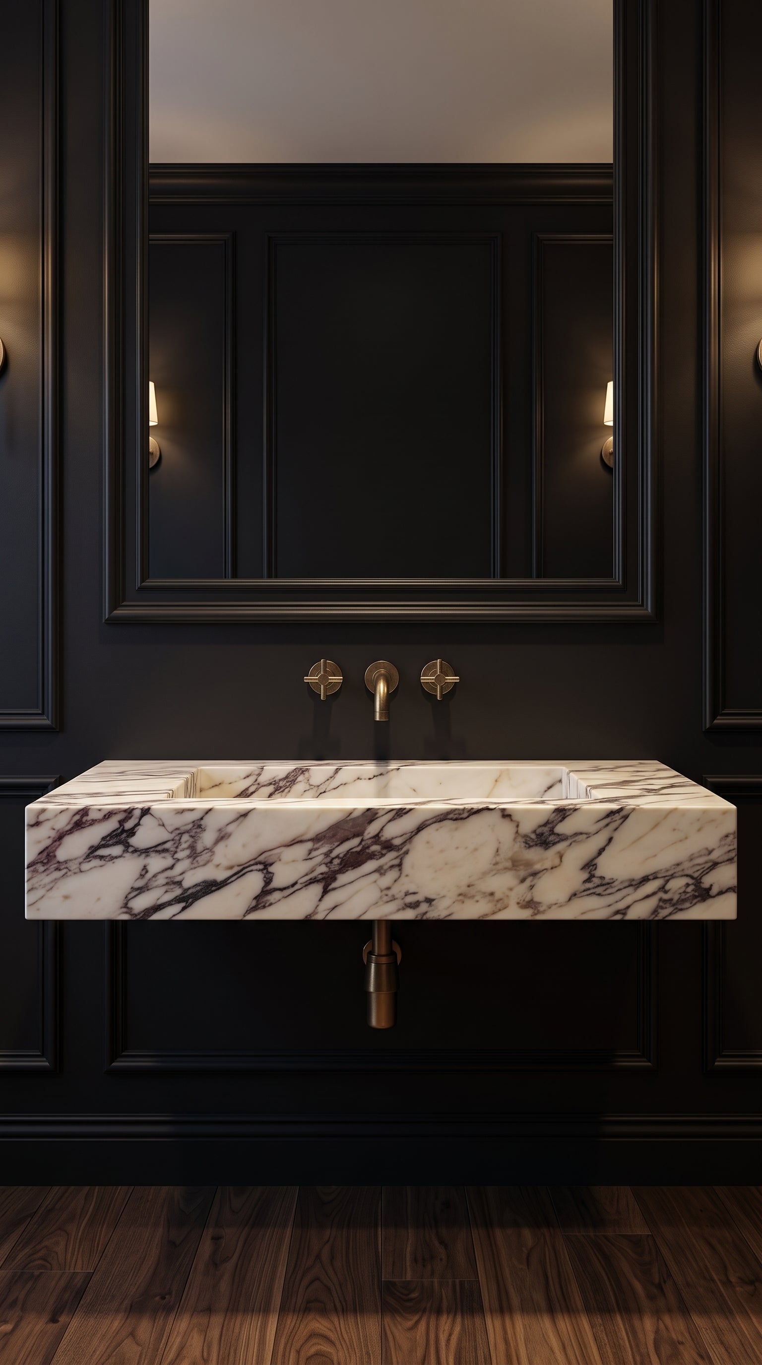 Calacatta Viola wall-mounted marble sink in a dark luxury bathroom