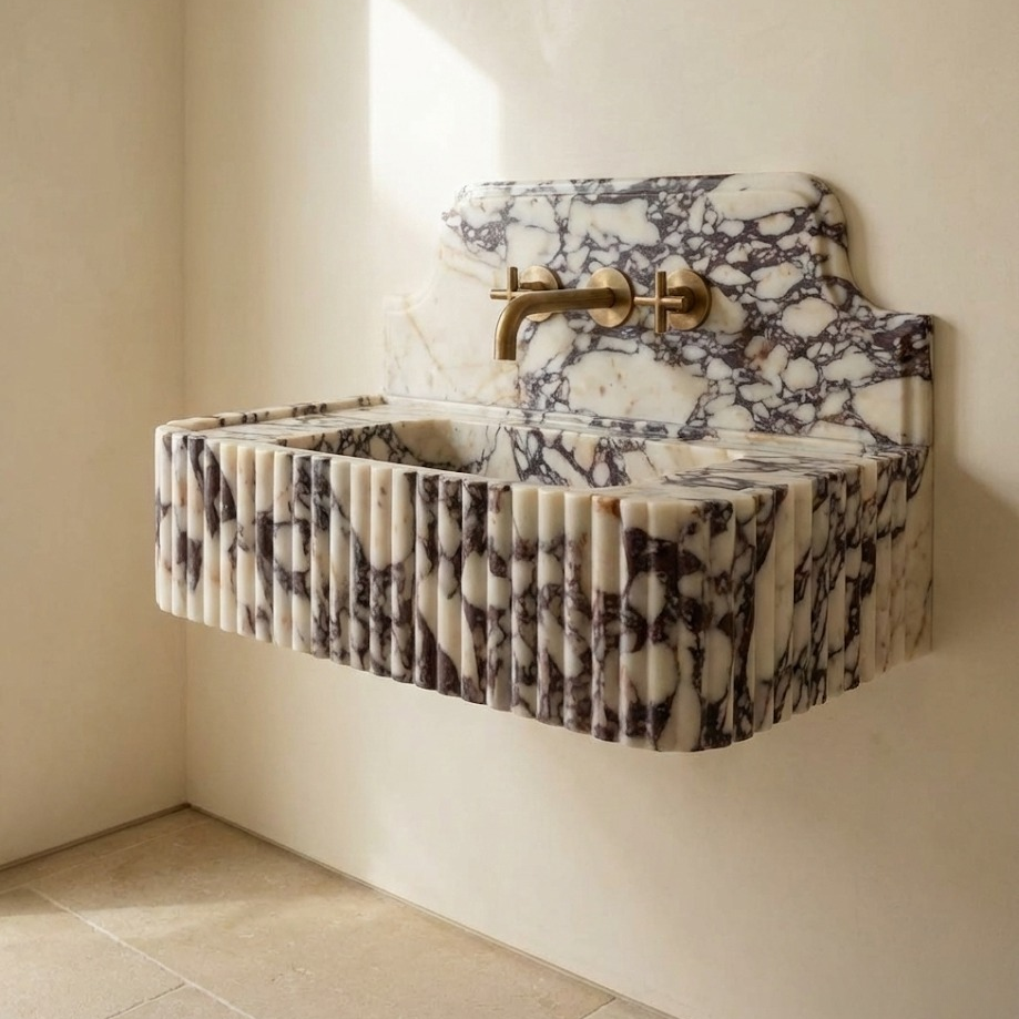 Fluted marble sink luxury vessel bathroom basin handcrafted natural stone Petra Vera