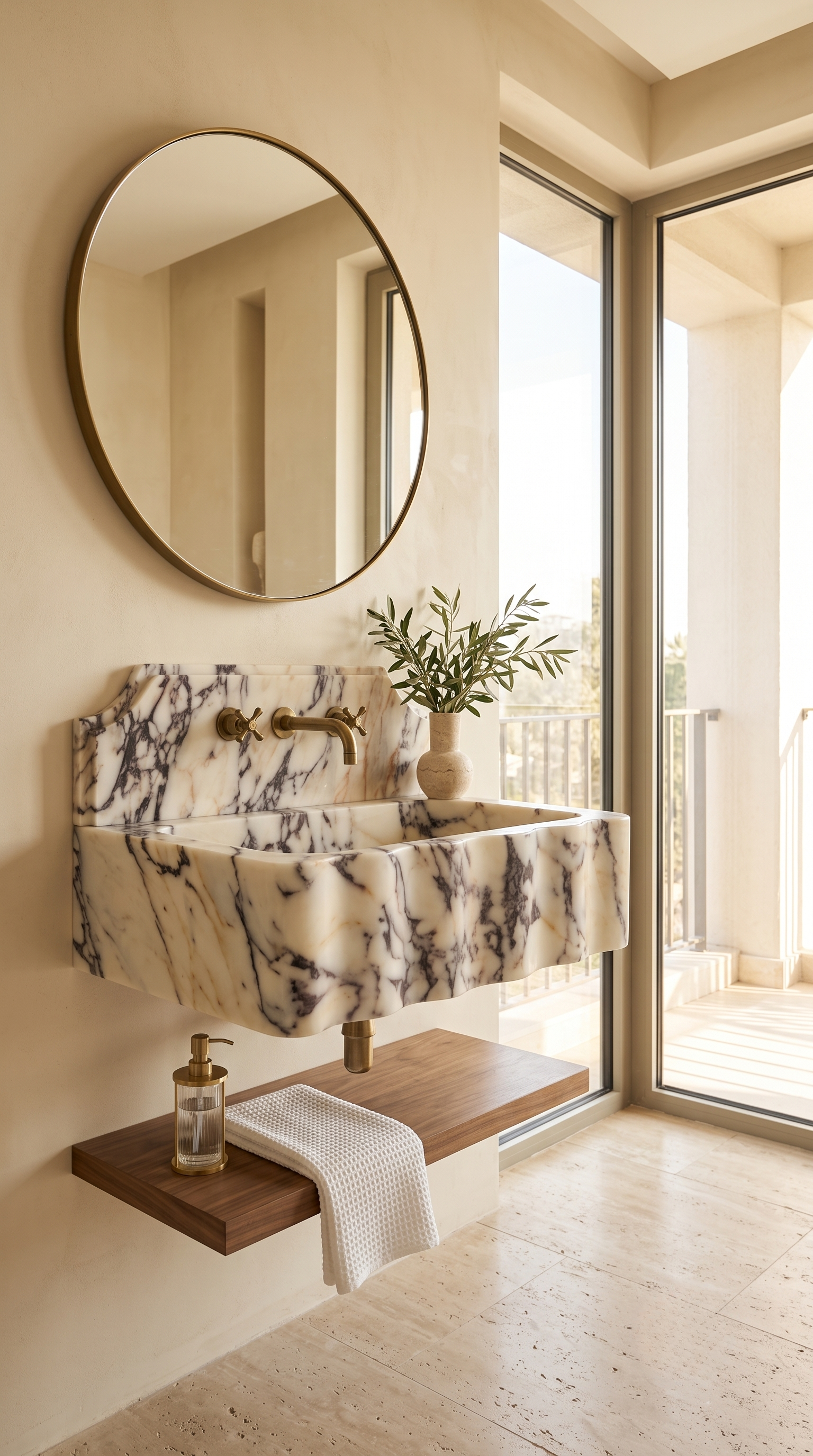Custom Floating Marble Bathroom Sink with Brushed Brass Wall Mounted Faucet