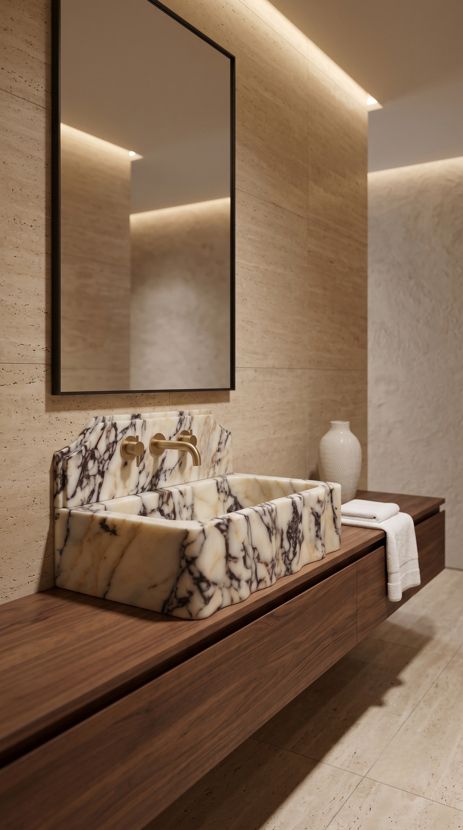 Luxury Natural Marble Wall Mounted Sink Installed in Contemporary Bathroom