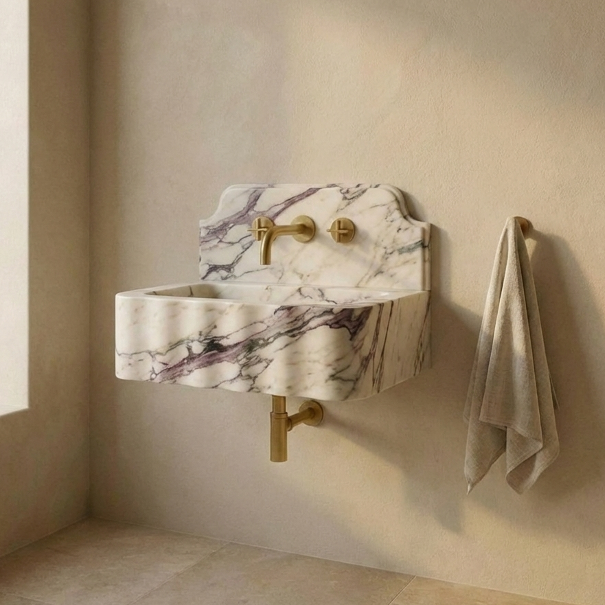 Calacatta Viola marble wall mounted sink with integrated backsplash, luxury rectangular bathroom design