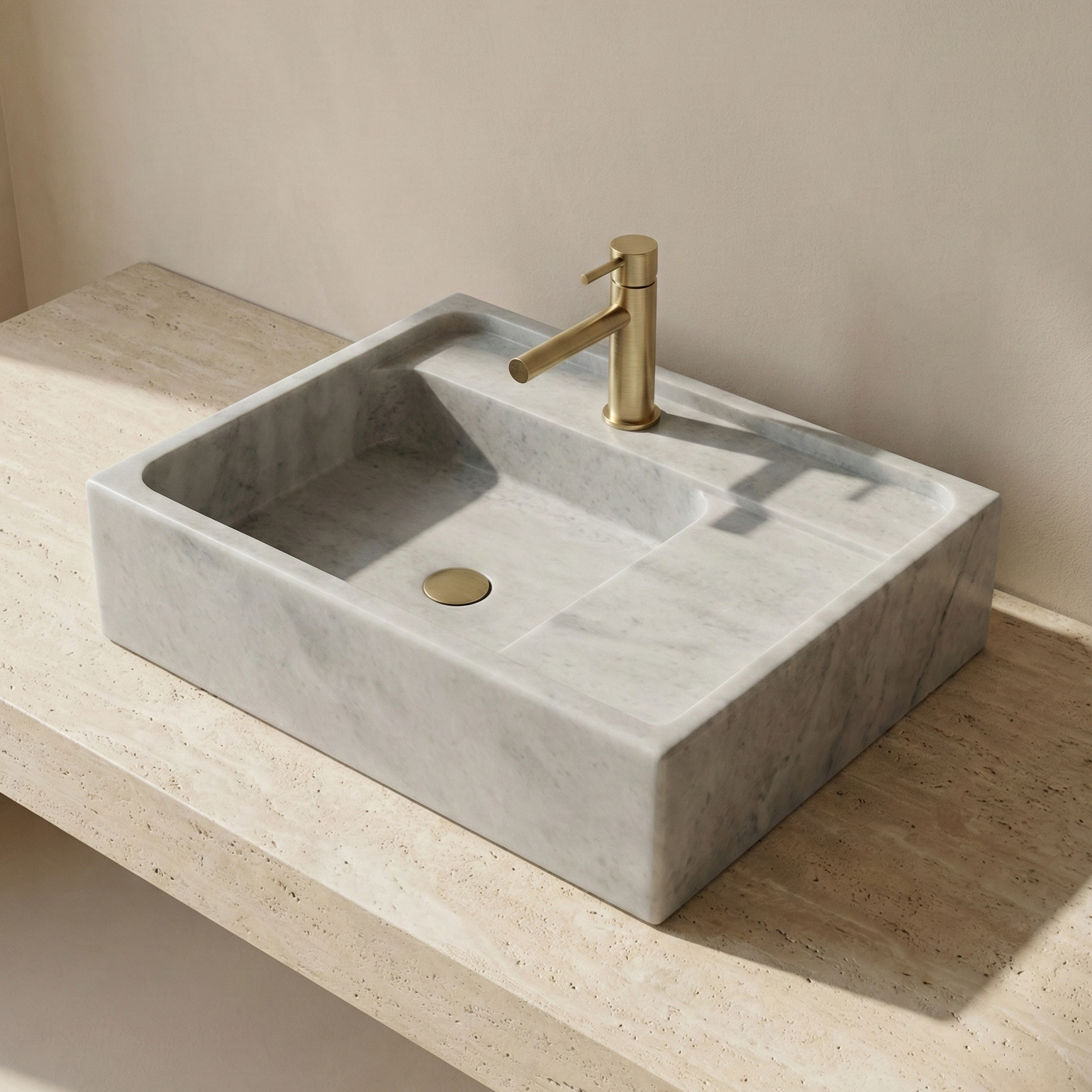 Grey marble vessel sink with integrated platform, handcrafted natural stone bathroom basin