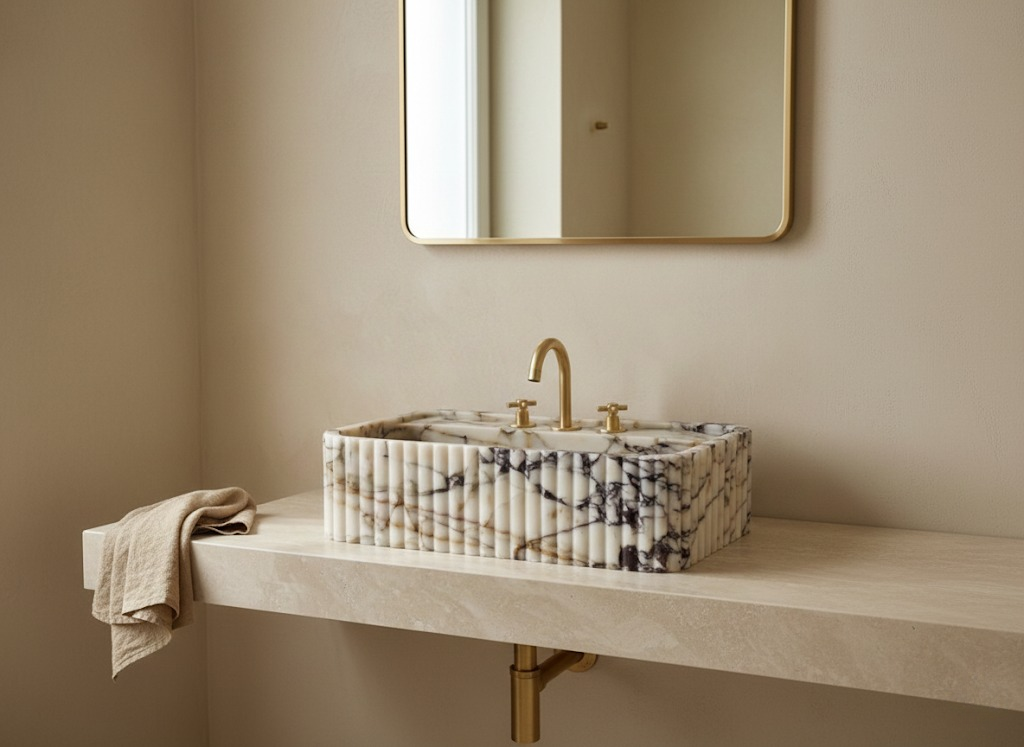 Luxury bathroom styling with handcrafted Calacatta Viola marble sink on stone vanity, quiet luxury interior