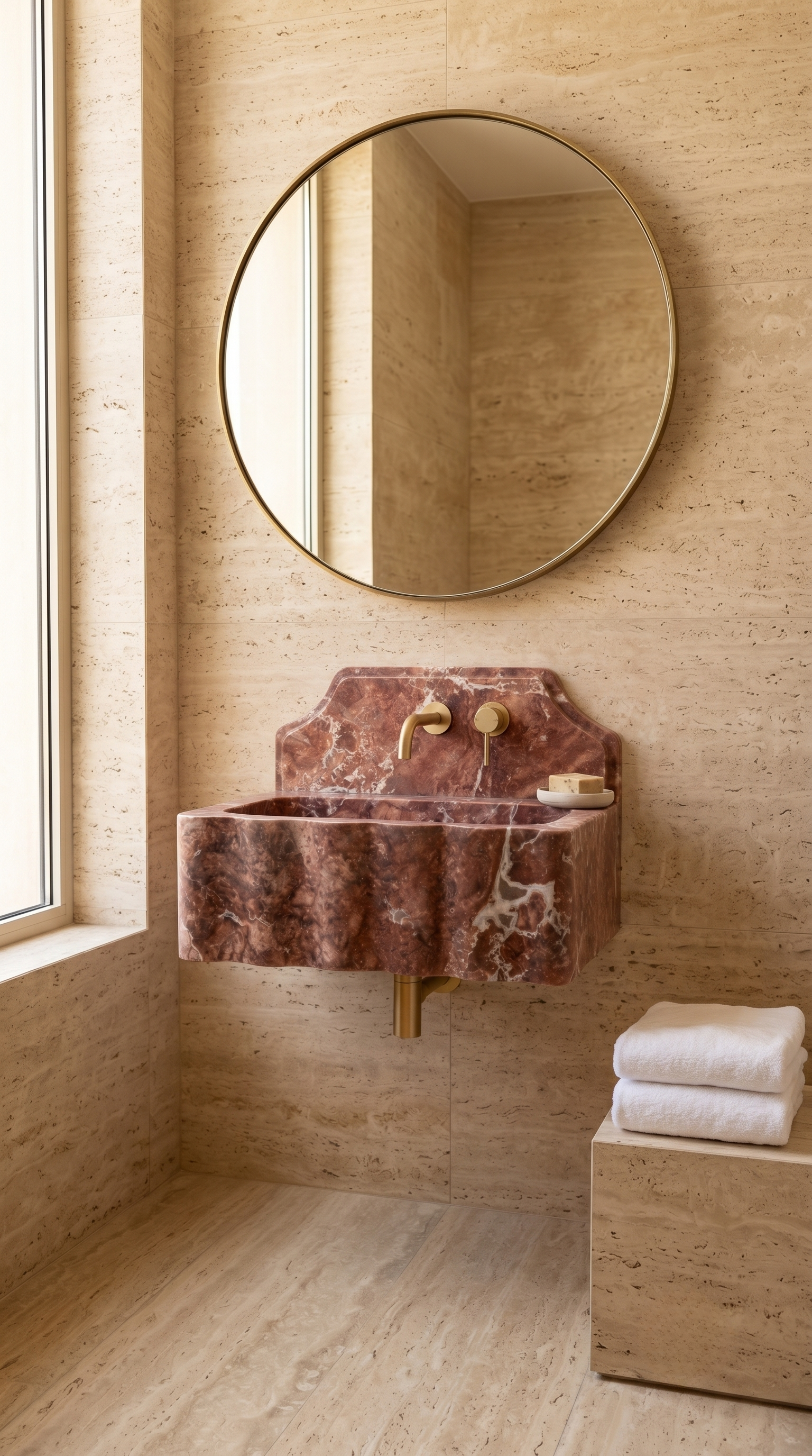 Luxury red travertine bathroom sink styled in a warm modern interior.