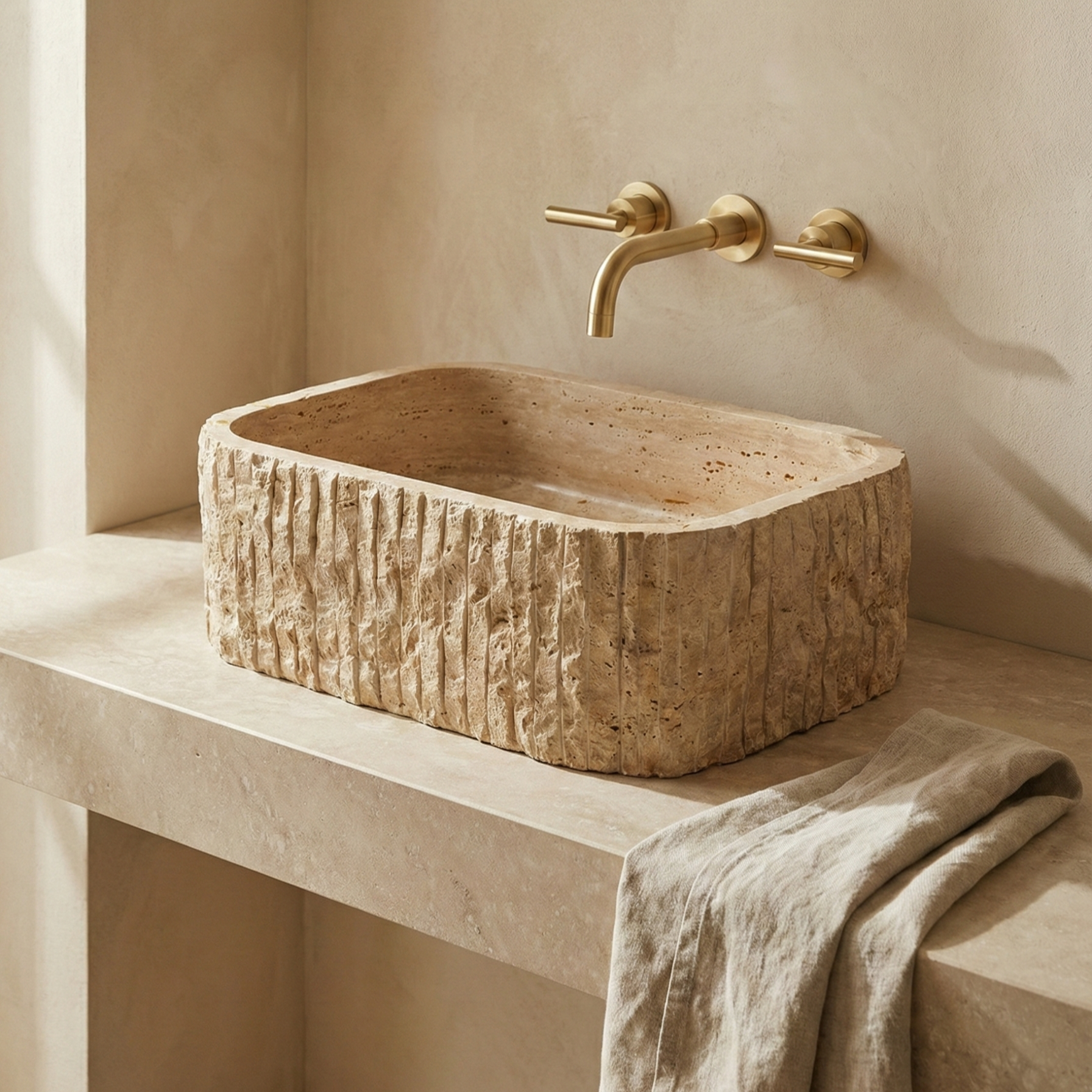 Travertine vessel sink styled in warm minimalist bathroom with wall-mounted brass faucet