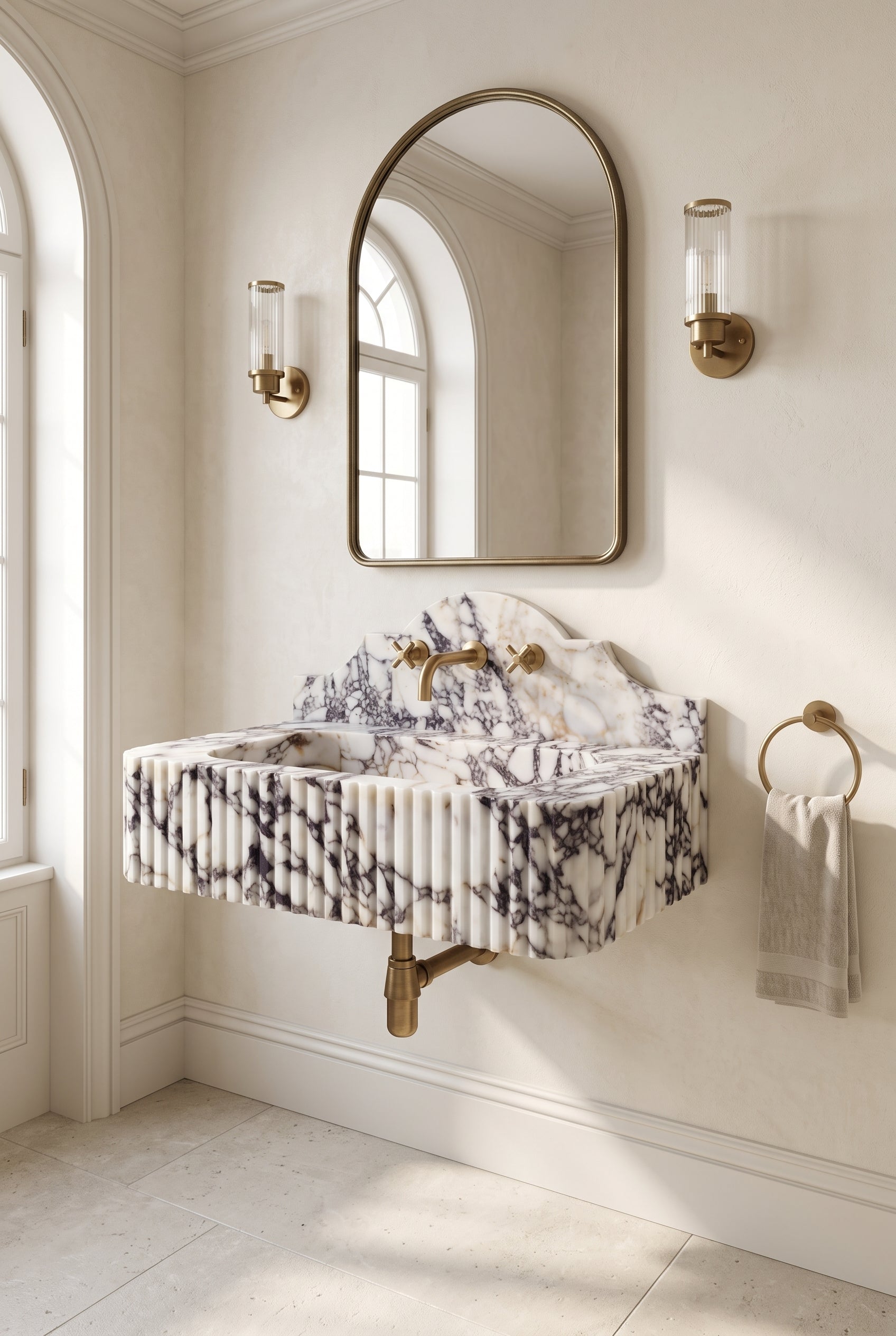 Calacatta Viola Fluted Marble Wall-Mounted Sink with Backsplash