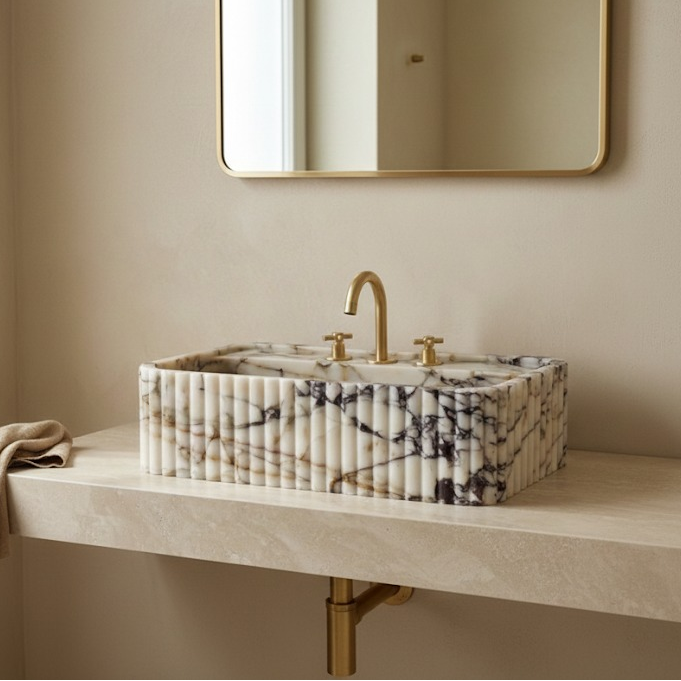 Calacatta Viola marble fluted vessel sink luxury bathroom interior modern vanity design