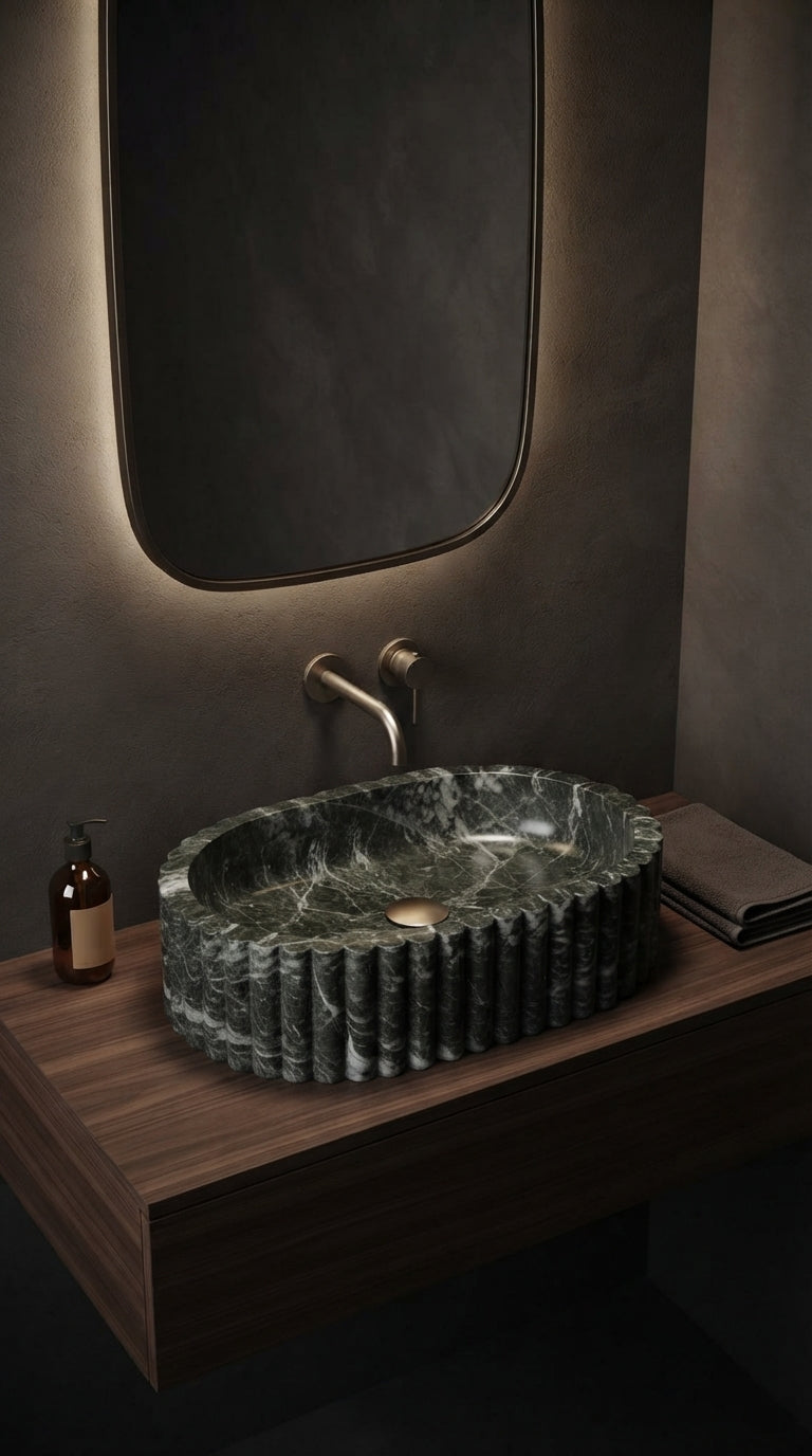 Fluted marble vessel sink on a wooden vanity beneath a backlit mirror, with dark walls and brass bathroom fixtures.