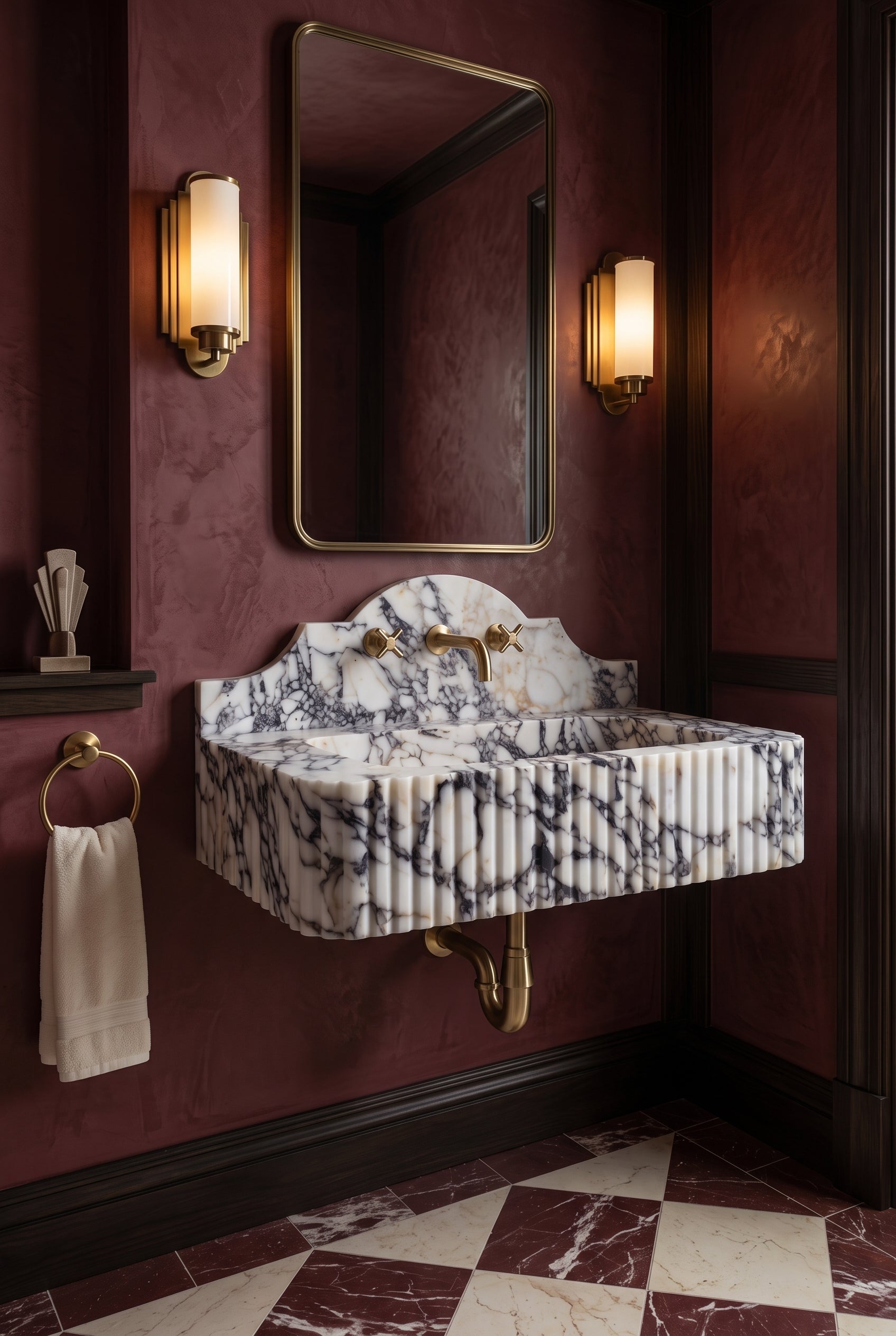 Calacatta Viola Fluted Marble Wall-Mounted Sink with Backsplash