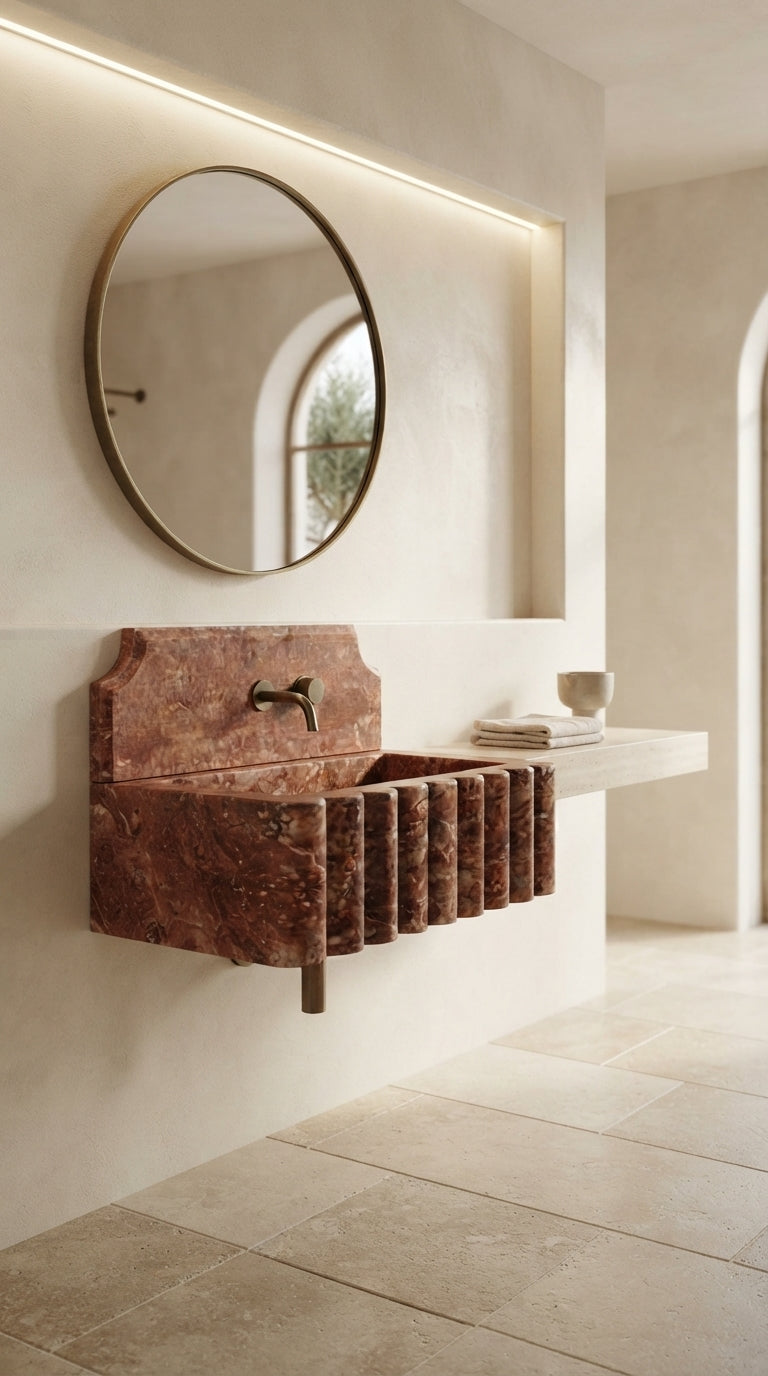 Red Travertine wall mounted sink in a bright minimalist luxury bathroom with natural stone details