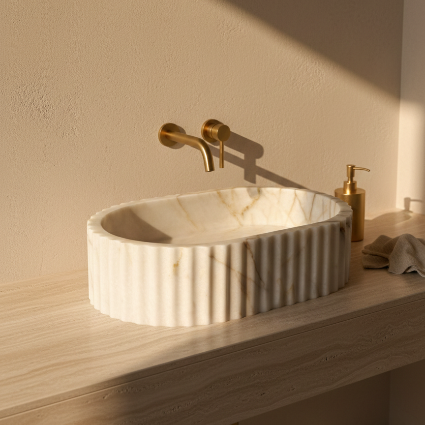Luxury bathroom interior featuring fluted marble vessel sink on countertop with modern minimalist design