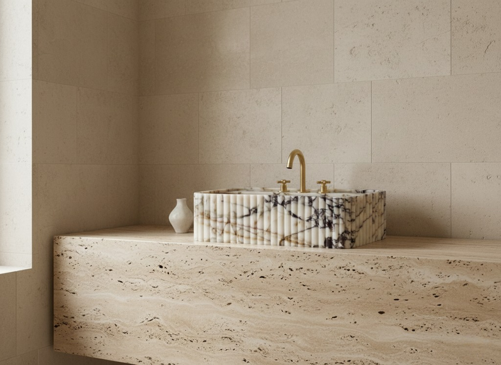 Modern bathroom interior featuring fluted Calacatta Viola marble sink with brass faucet