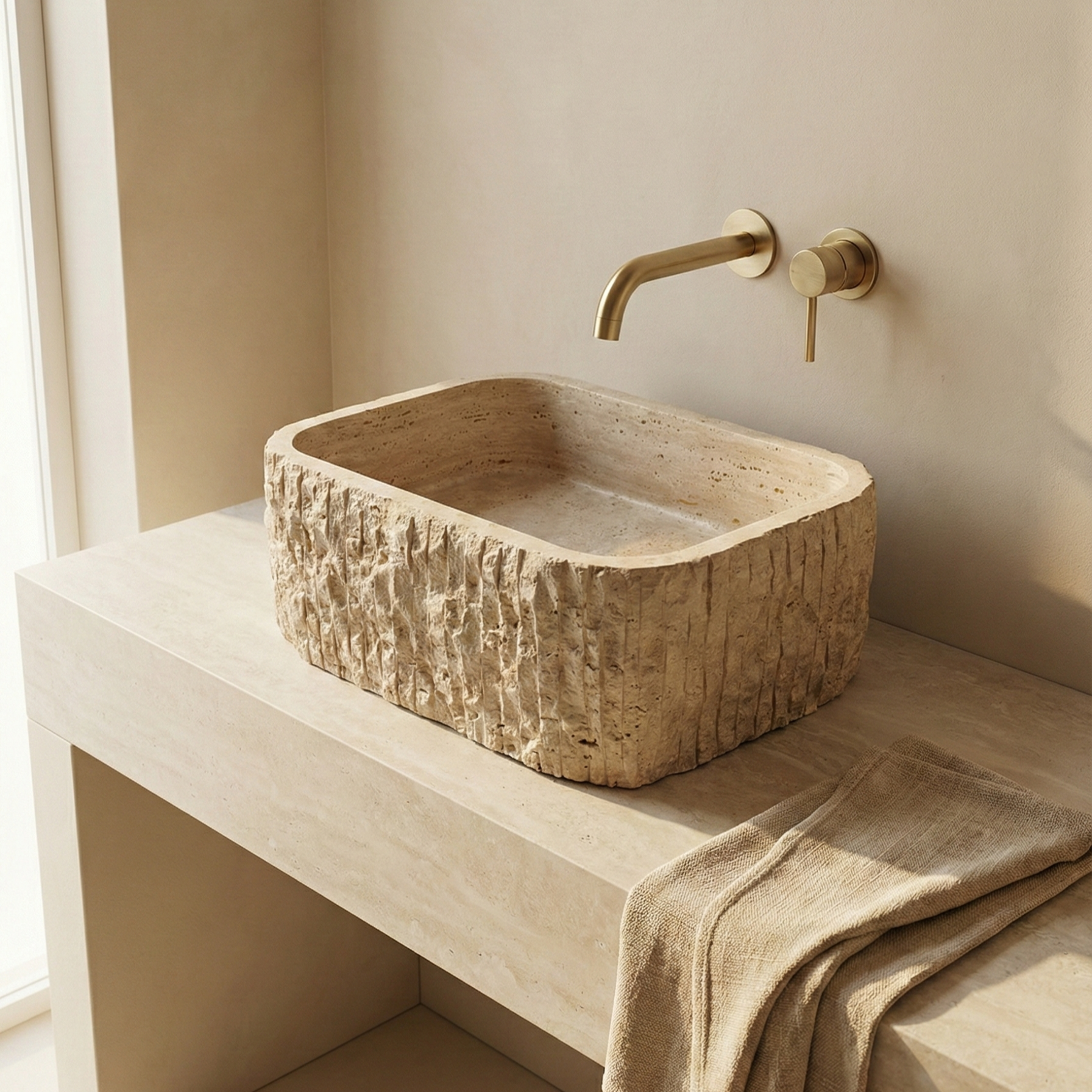 Rectangular travertine sink on floating vanity in modern neutral-toned bathroom interior