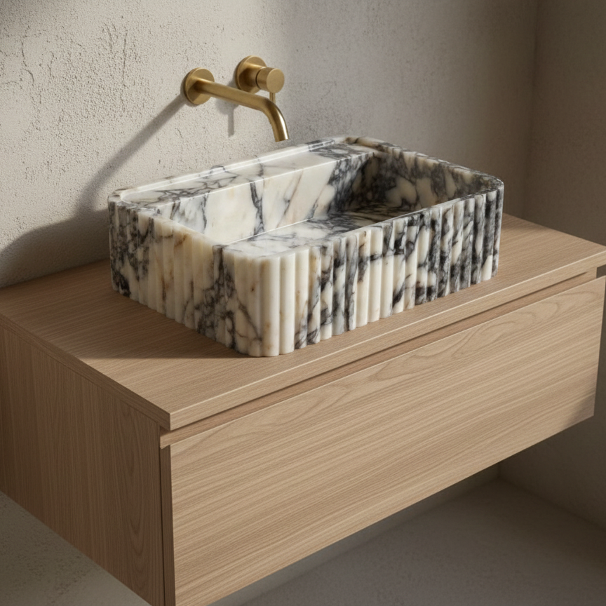 modern bathroom design with rectangular marble sink calacatta viola