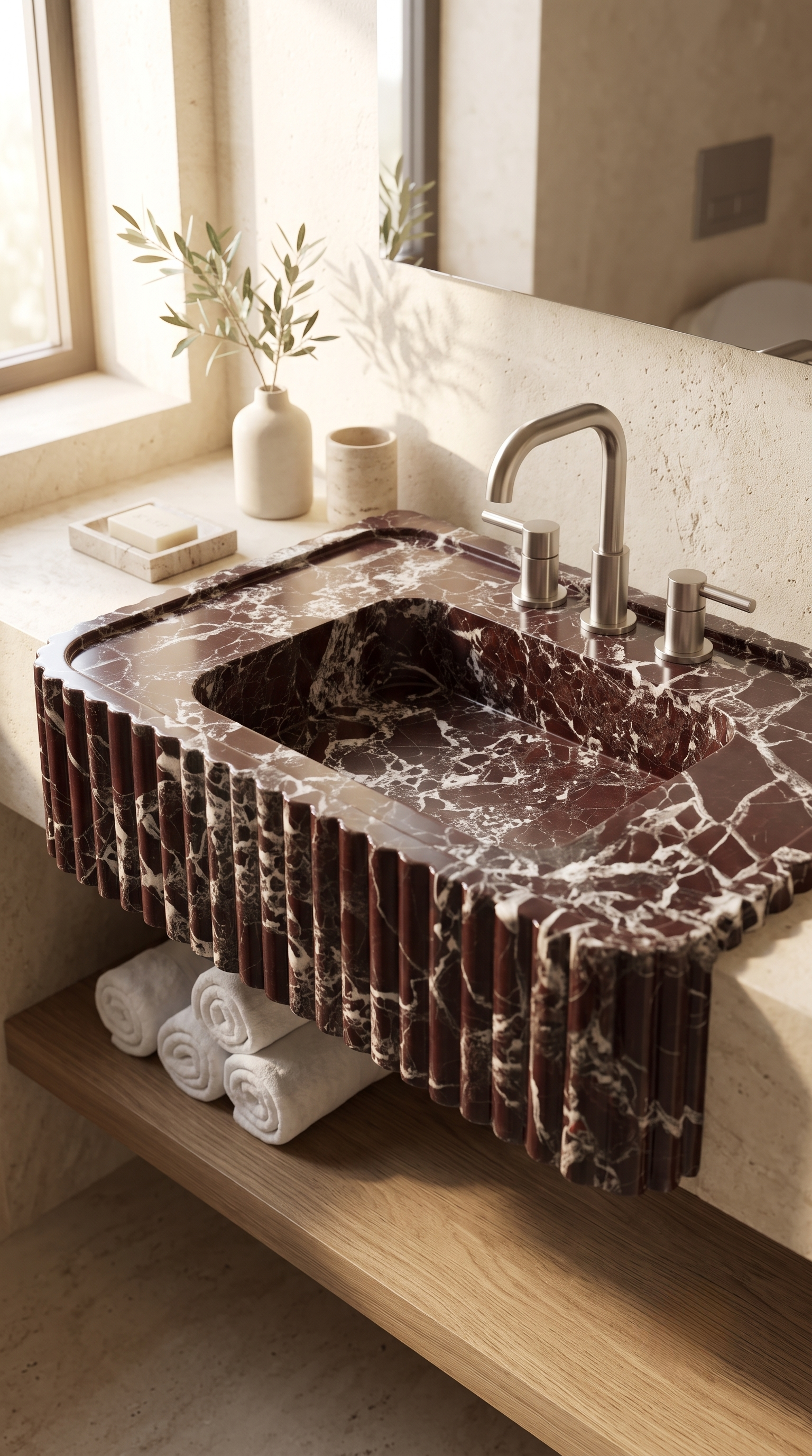 Floating Rosso Levanto marble vanity sink with modern bathroom styling