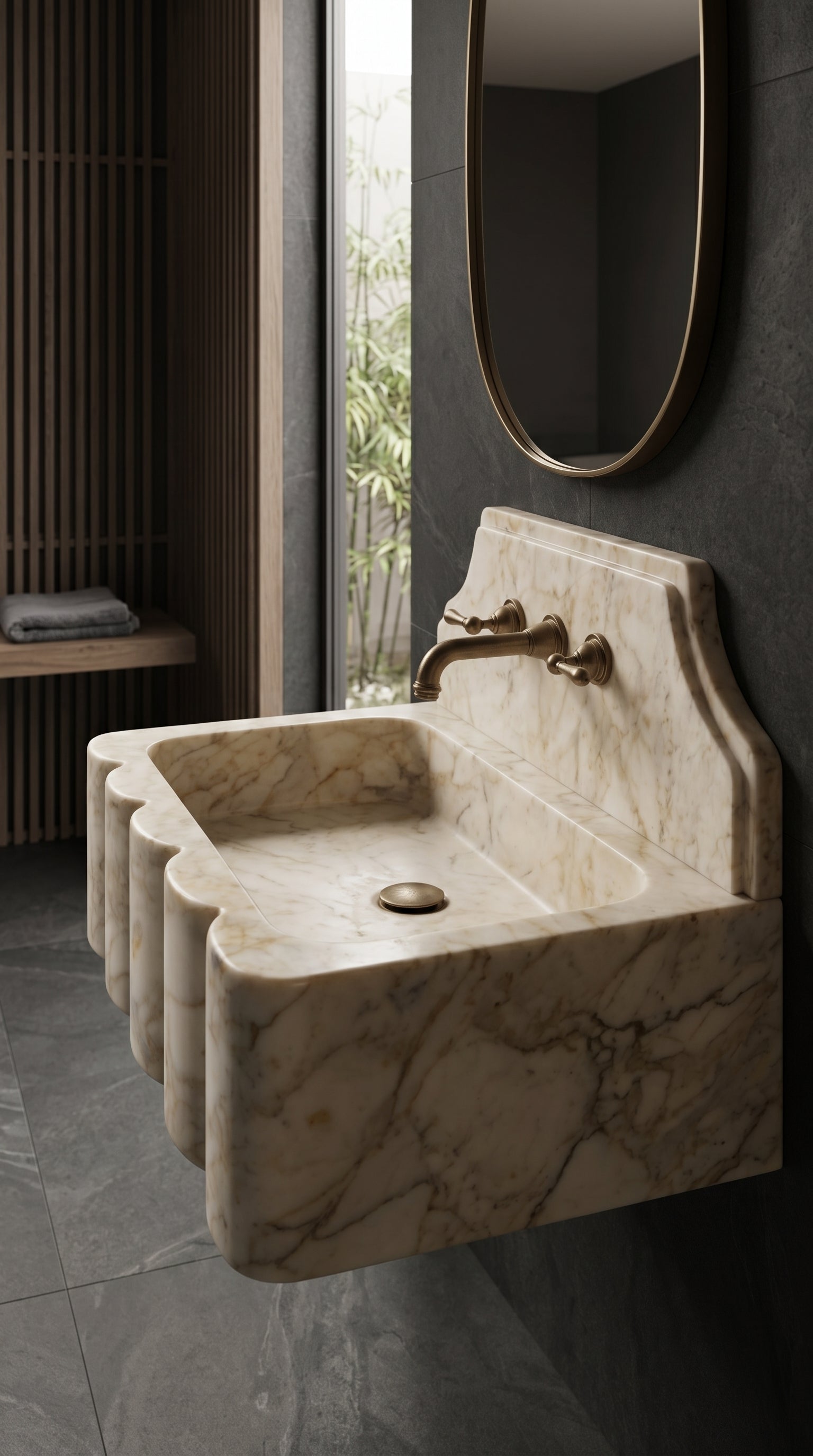 Right-side view of a Calacatta Gold marble wall-mounted sink in a modern bathroom with dark stone walls and natural wood details.