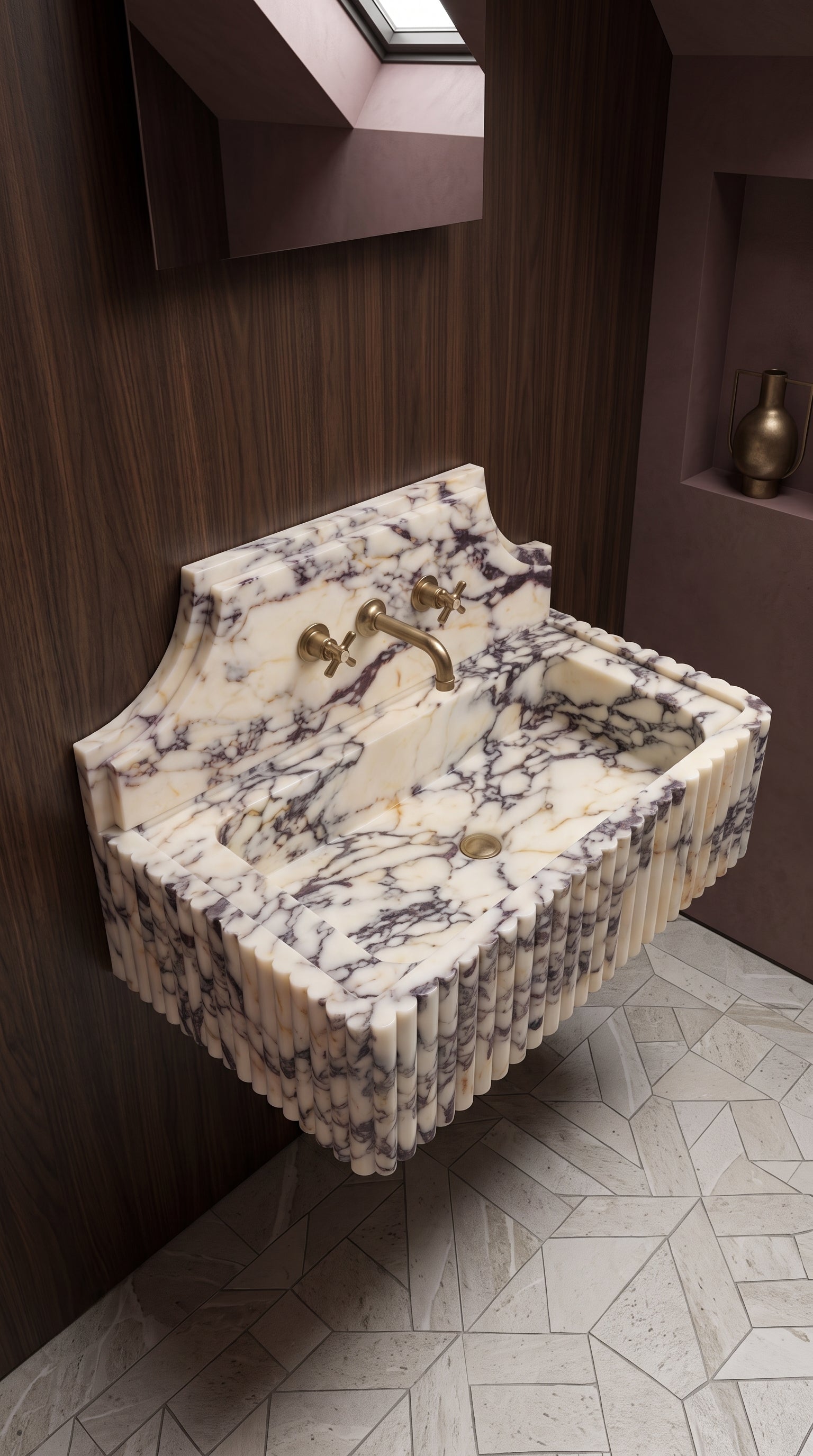 High-angle view of the Calacatta Viola marble basin showing its integrated bowl, backsplash and fluted exterior.