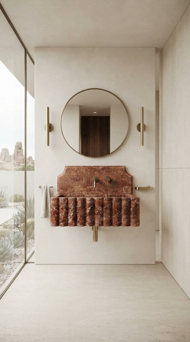 Floating Red Travertine bathroom sink with sculptural fluted front in a luxury villa bathroom