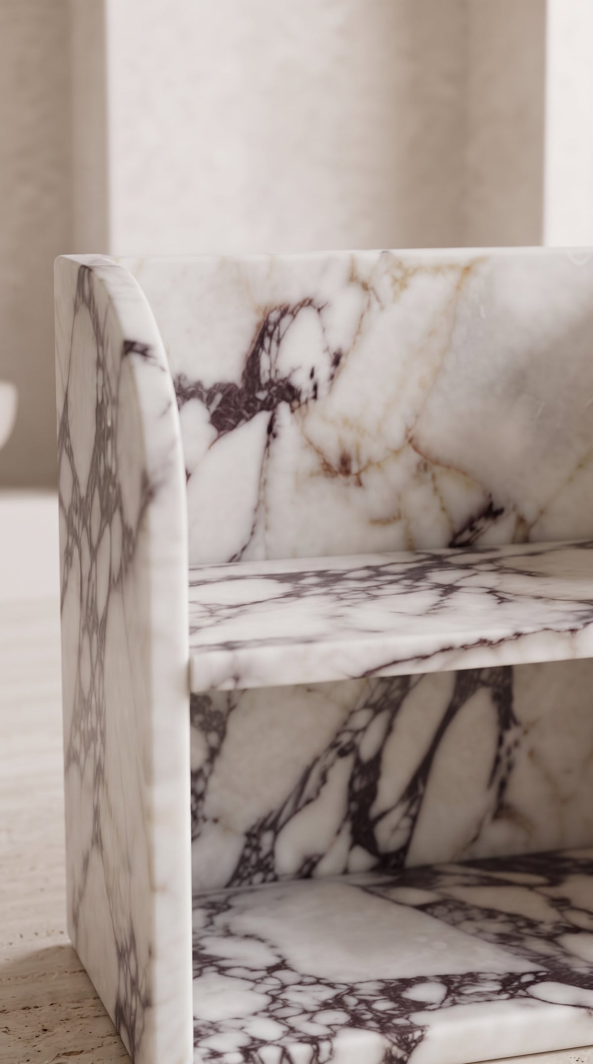 Detailed Calacatta Viola marble veining with natural burgundy, grey and ivory mineral character