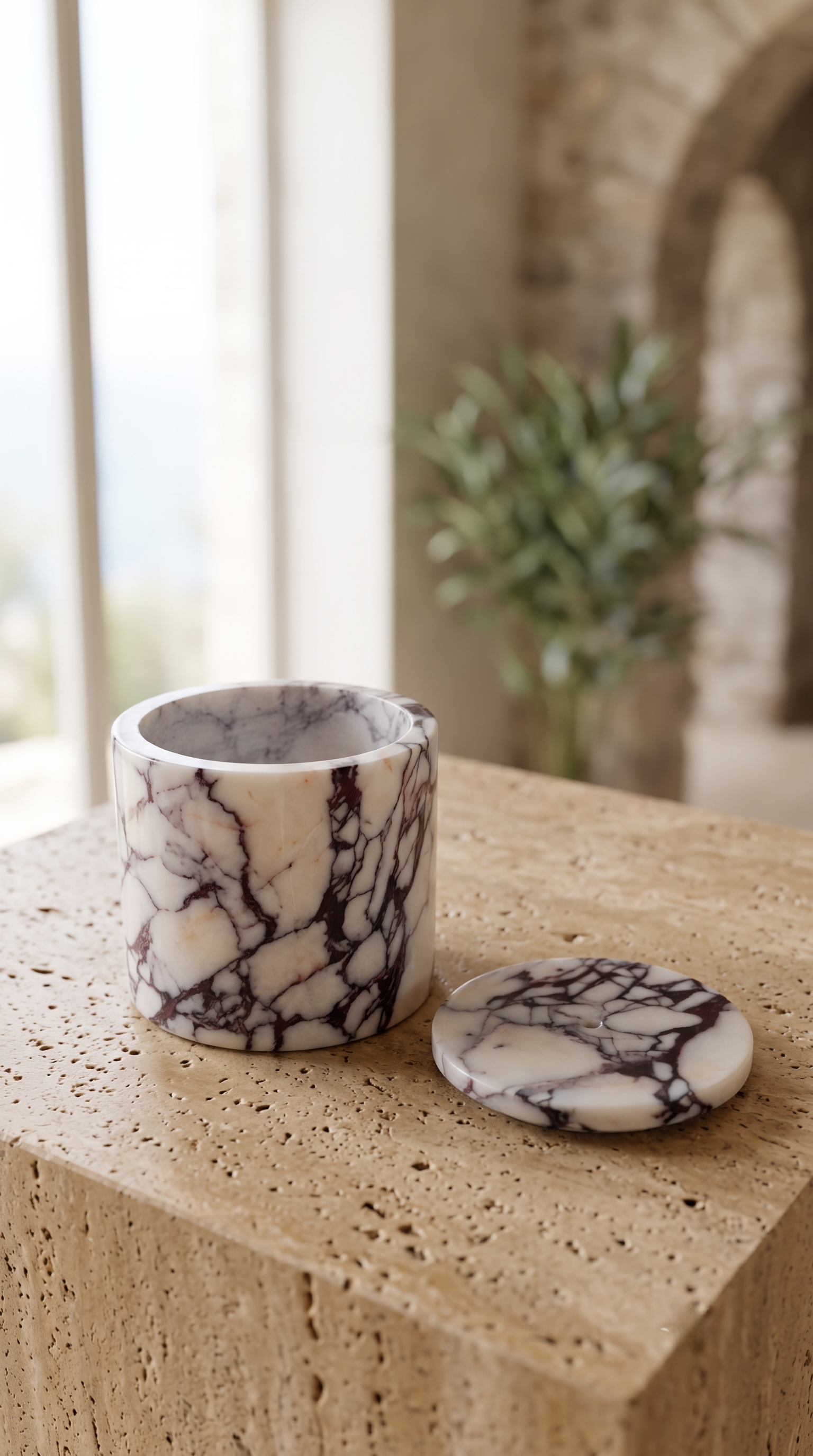Marble candle holder with removable natural stone lid displayed open.