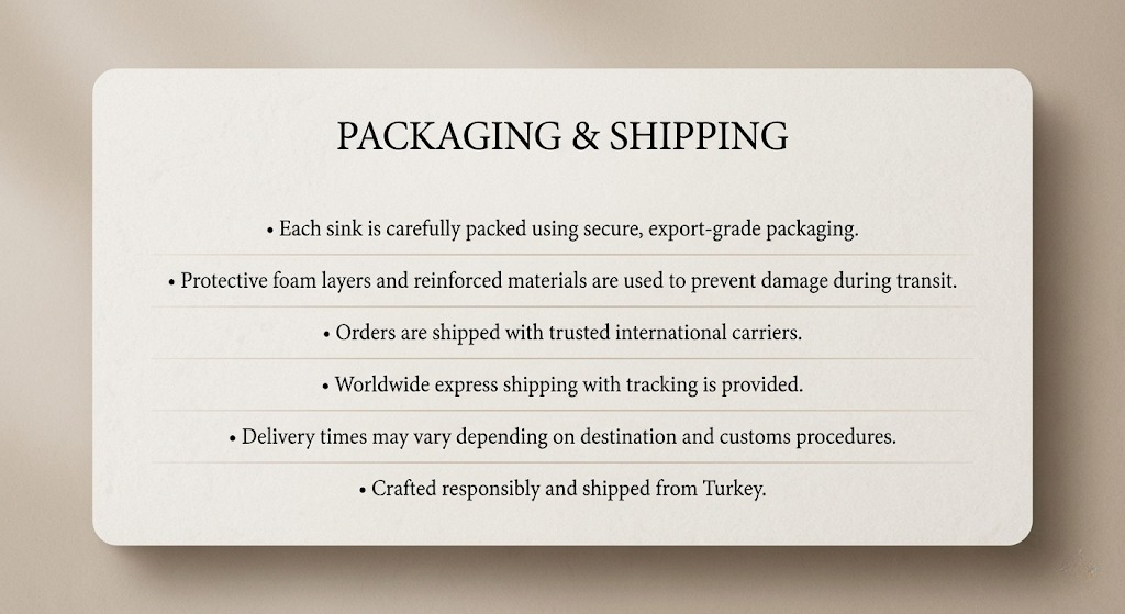 Secure export-grade packaging for handcrafted marble sink, prepared for worldwide shipping from Turkey