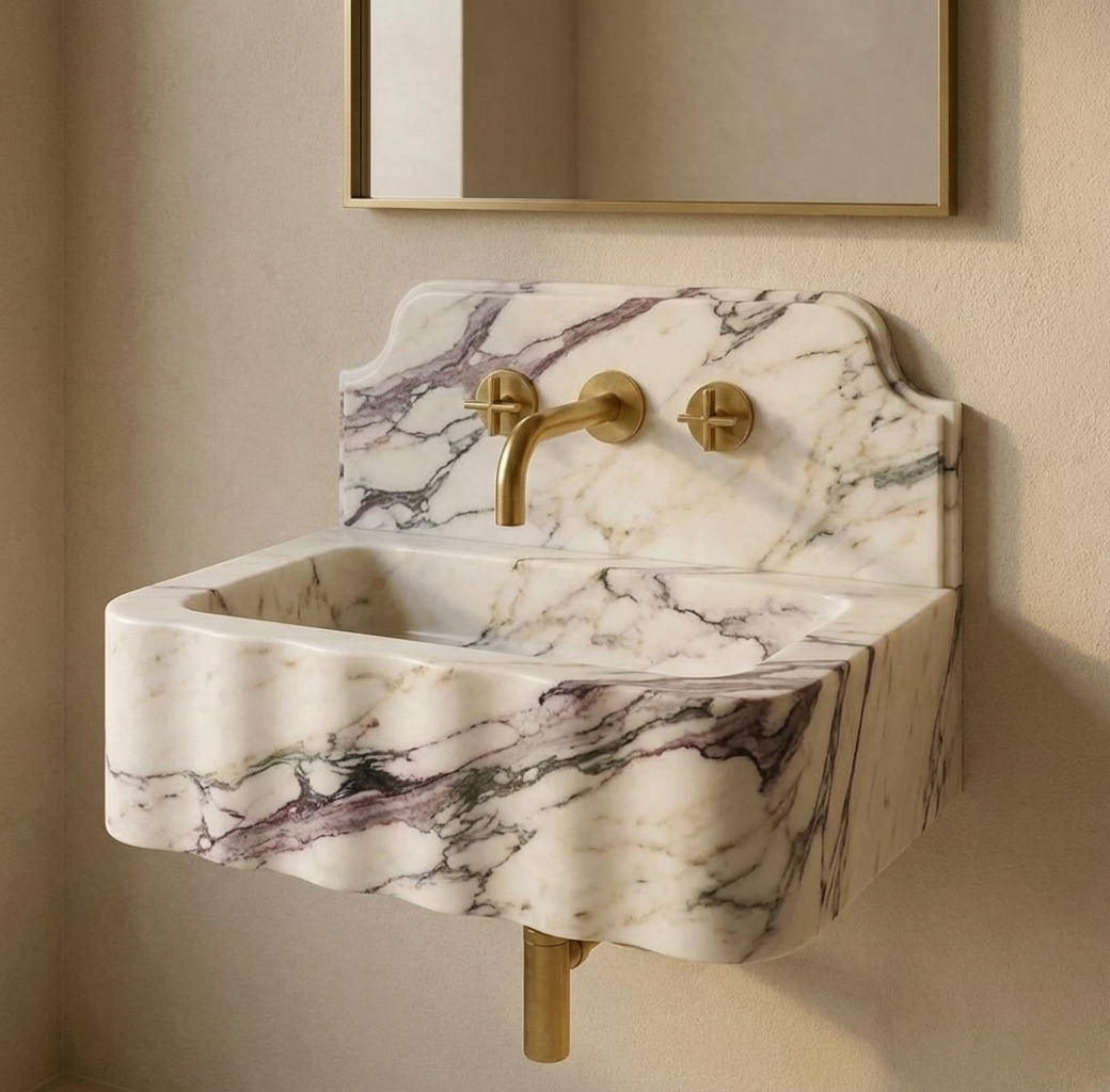 Fluted marble wall mounted sink with backsplash, handcrafted luxury bathroom sink in Calacatta Viola stone
