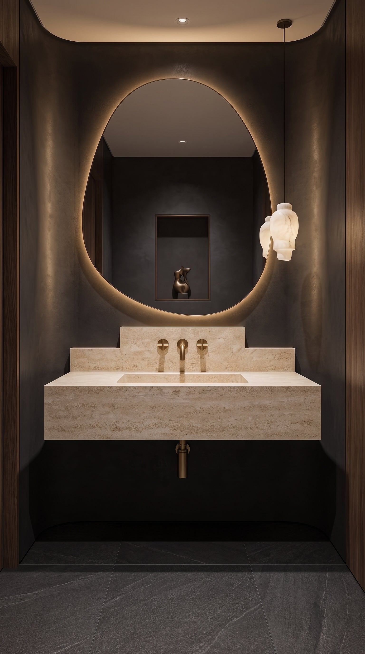 Video showcasing the 90 cm travertine floating sink from multiple angles in luxury bathroom interiors.