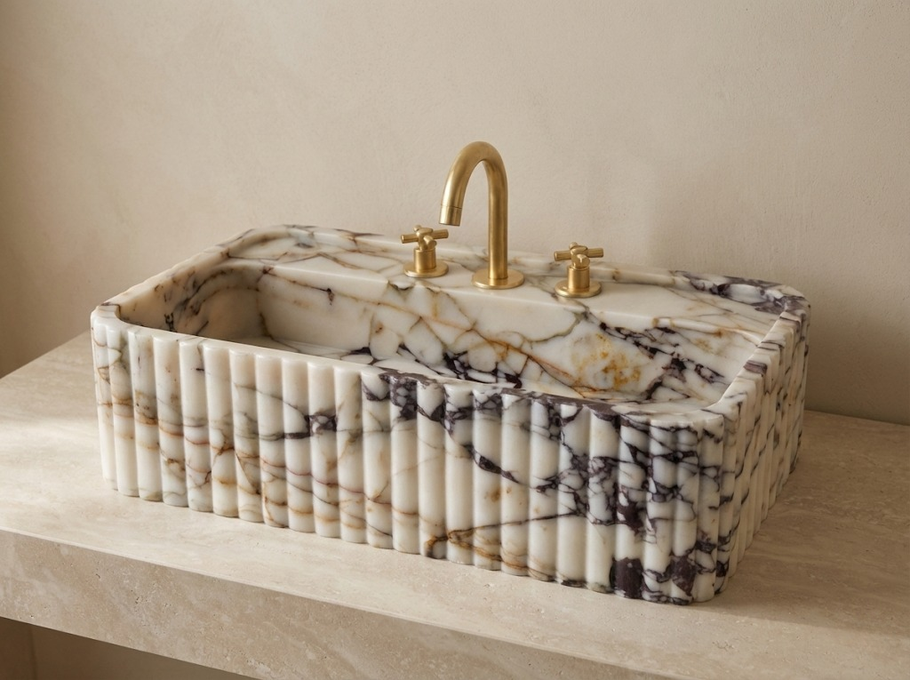 Fluted Calacatta Viola marble sink vessel basin luxury bathroom handcrafted stone sink video showcase