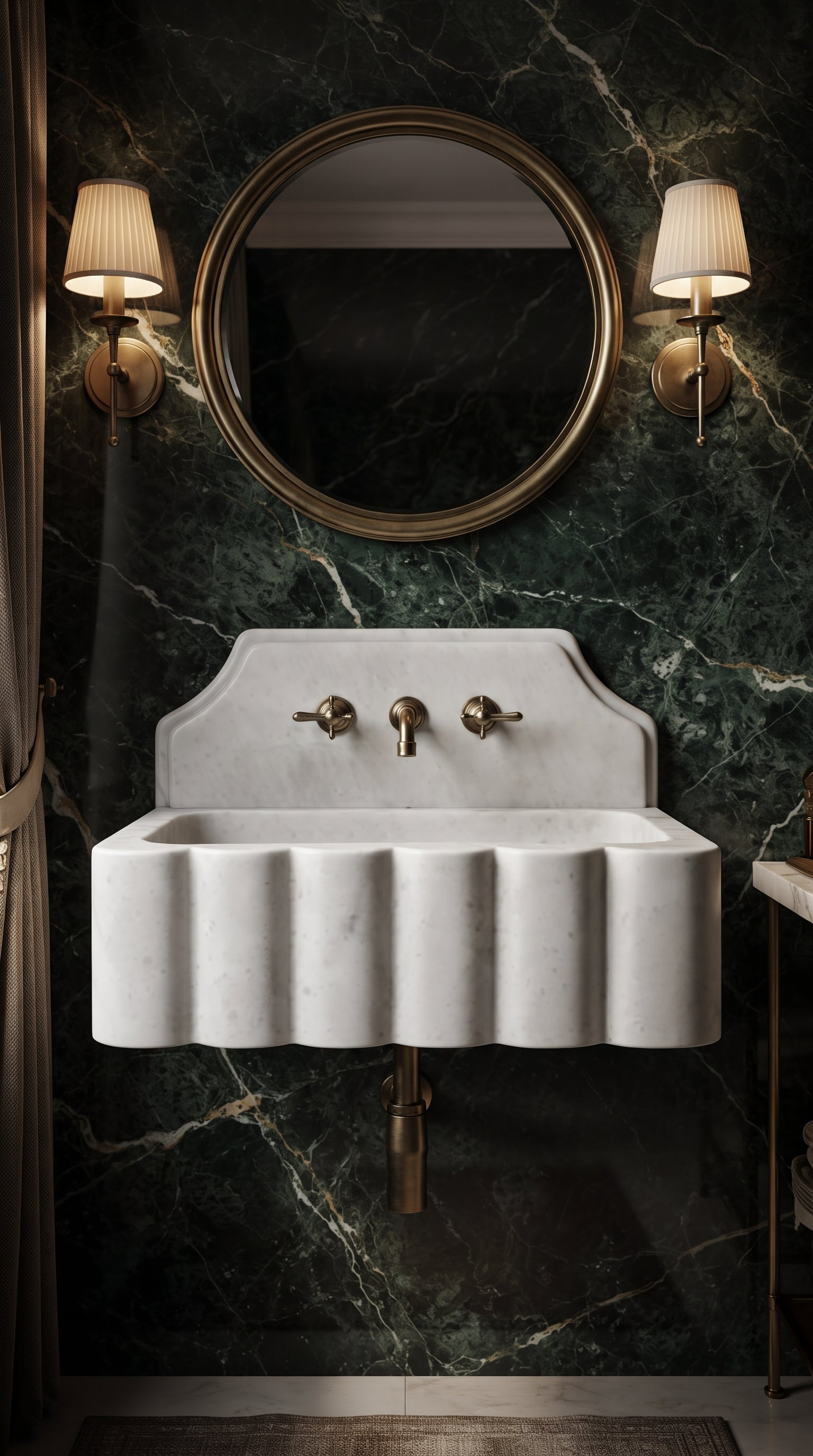 Cinematic presentation of a handcrafted Muğla White marble floating sink featuring its honed finish, scalloped design and luxury interiors.