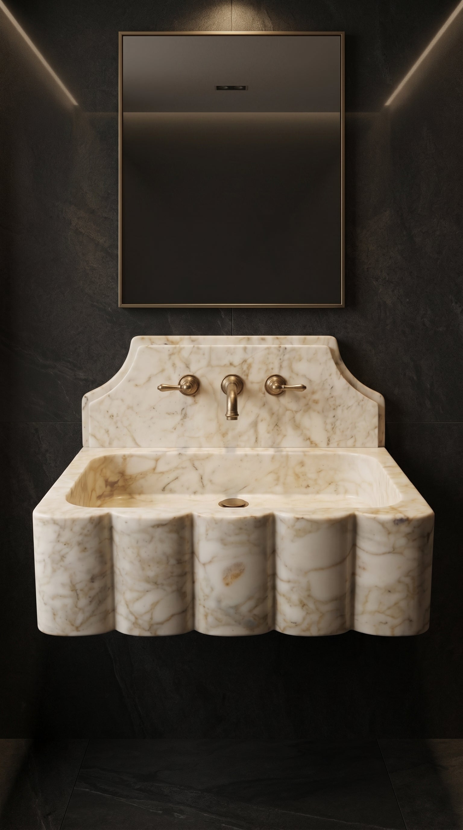 Sculptural front profile of a Calacatta Gold marble sink showing its five rounded scallops, polished stone surface and floating design.