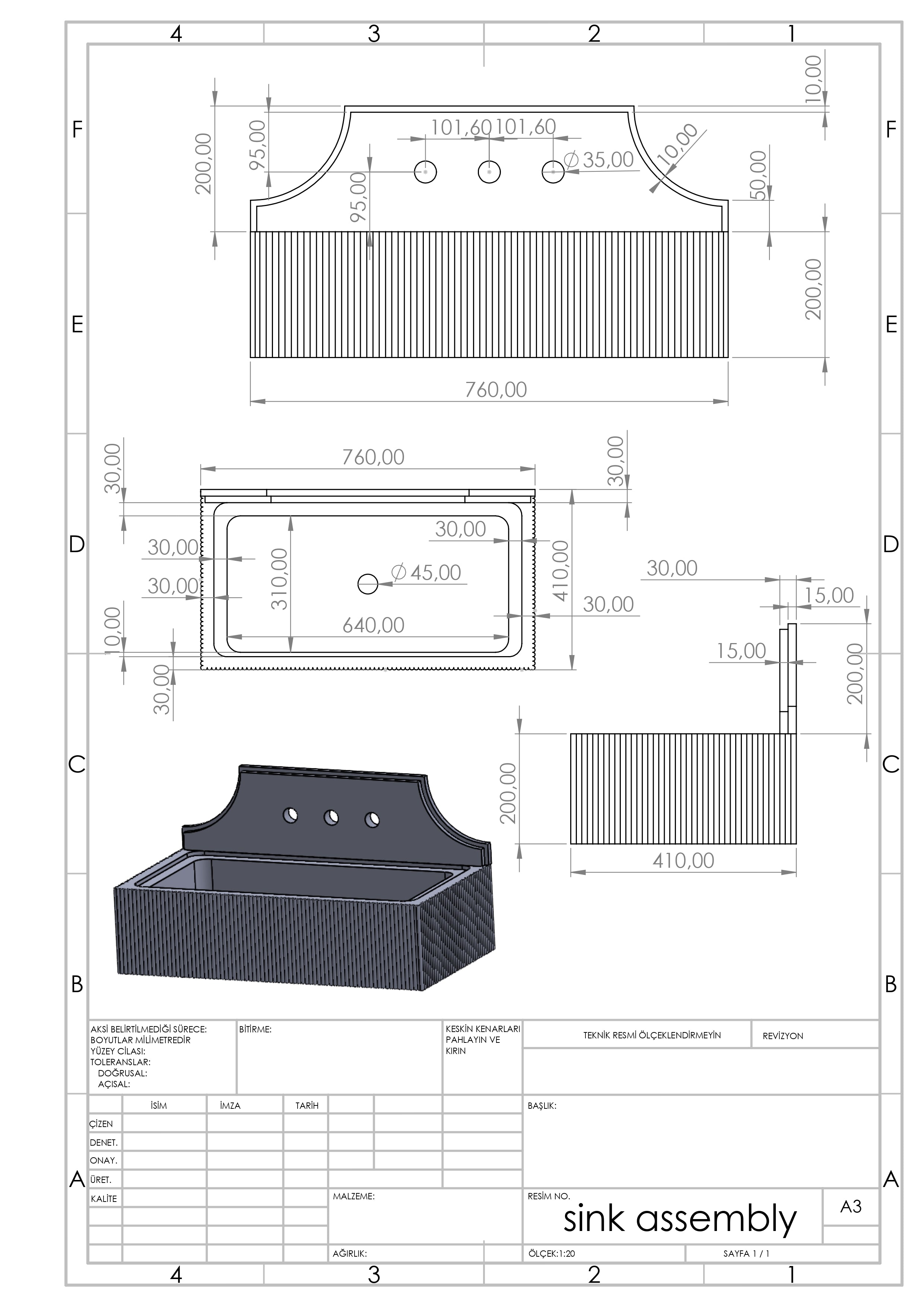 Technical drawing of the wall-mounted marble sink showing dimensions, basin layout, drain and faucet-hole positions.