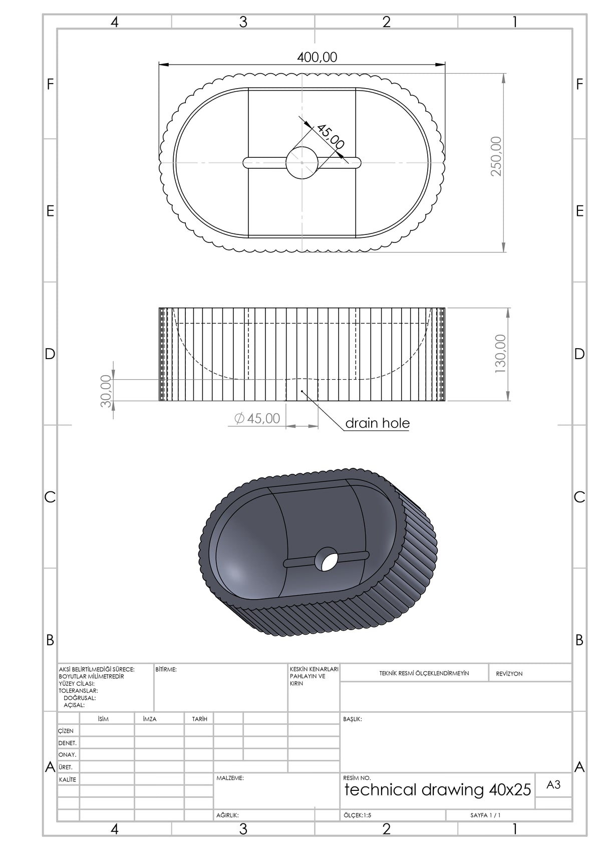 Technical drawing of a 40 × 25 × 13 cm oval fluted marble vessel sink with a centered 45 mm drain opening.