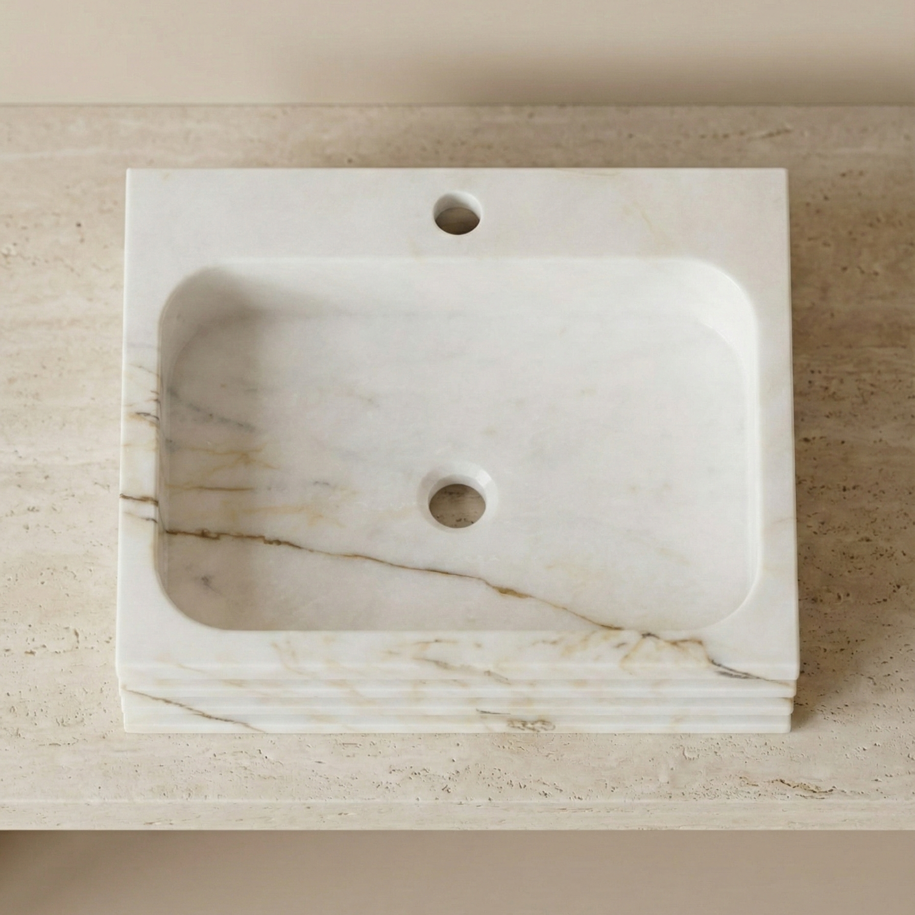 top view lilac marble vessel sink rectangular gold veined natural stone basin