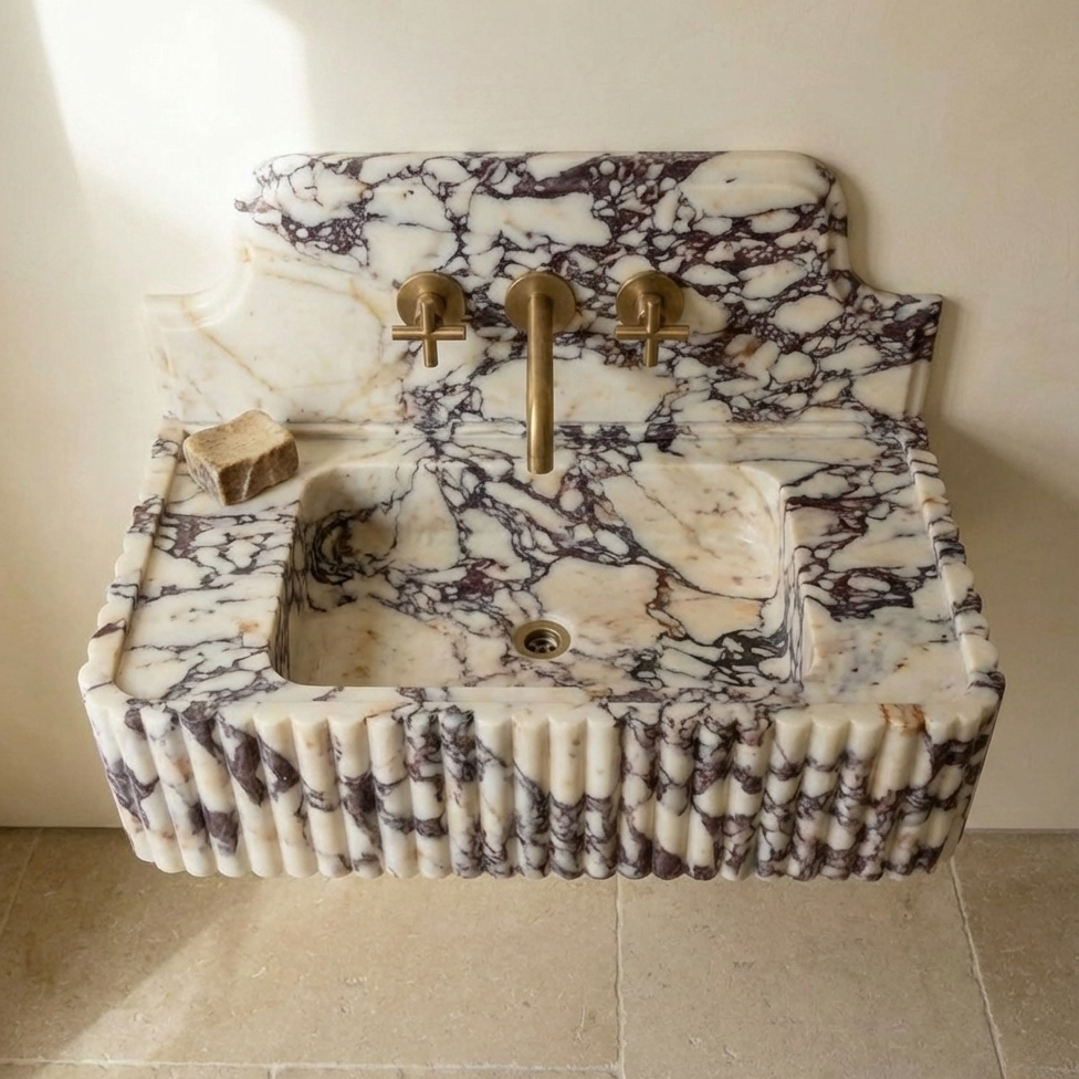 Top view fluted marble sink vessel basin natural stone bathroom sink detail
