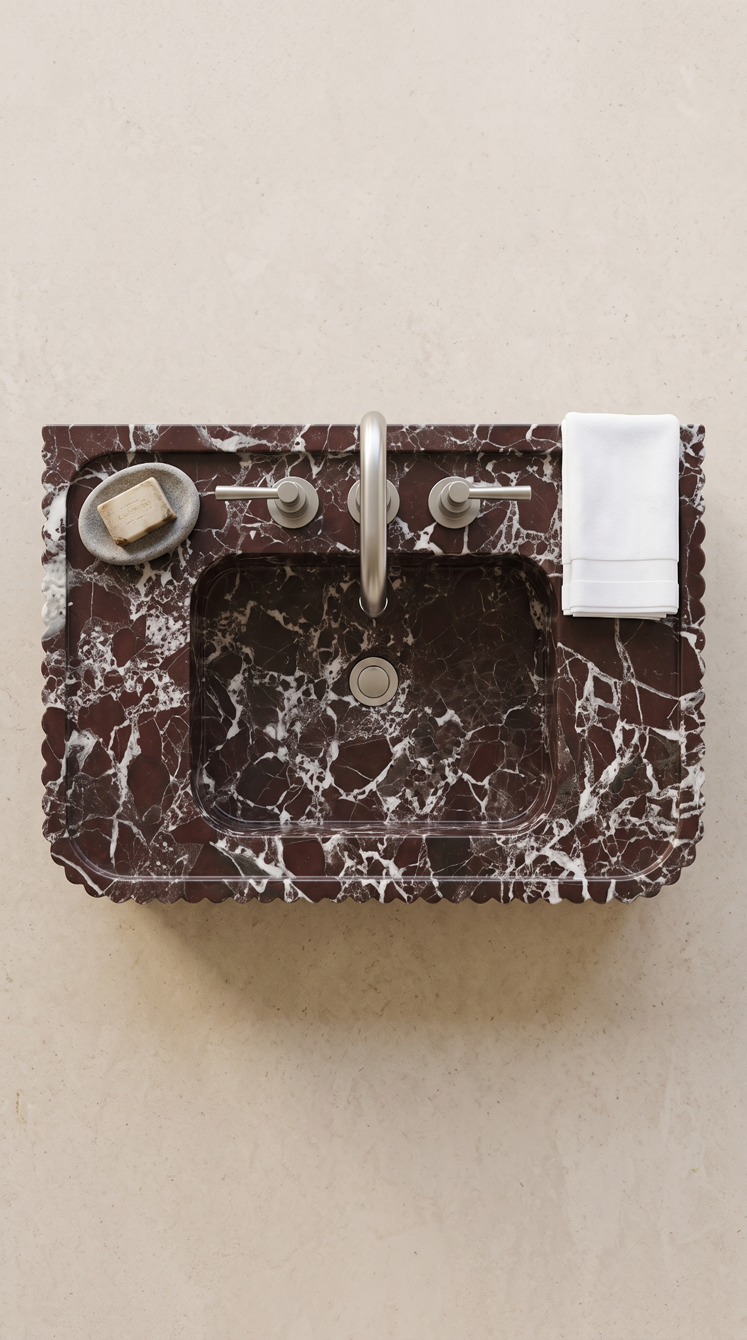 Top view of Rosso Levanto marble wall mounted sink with faucet set