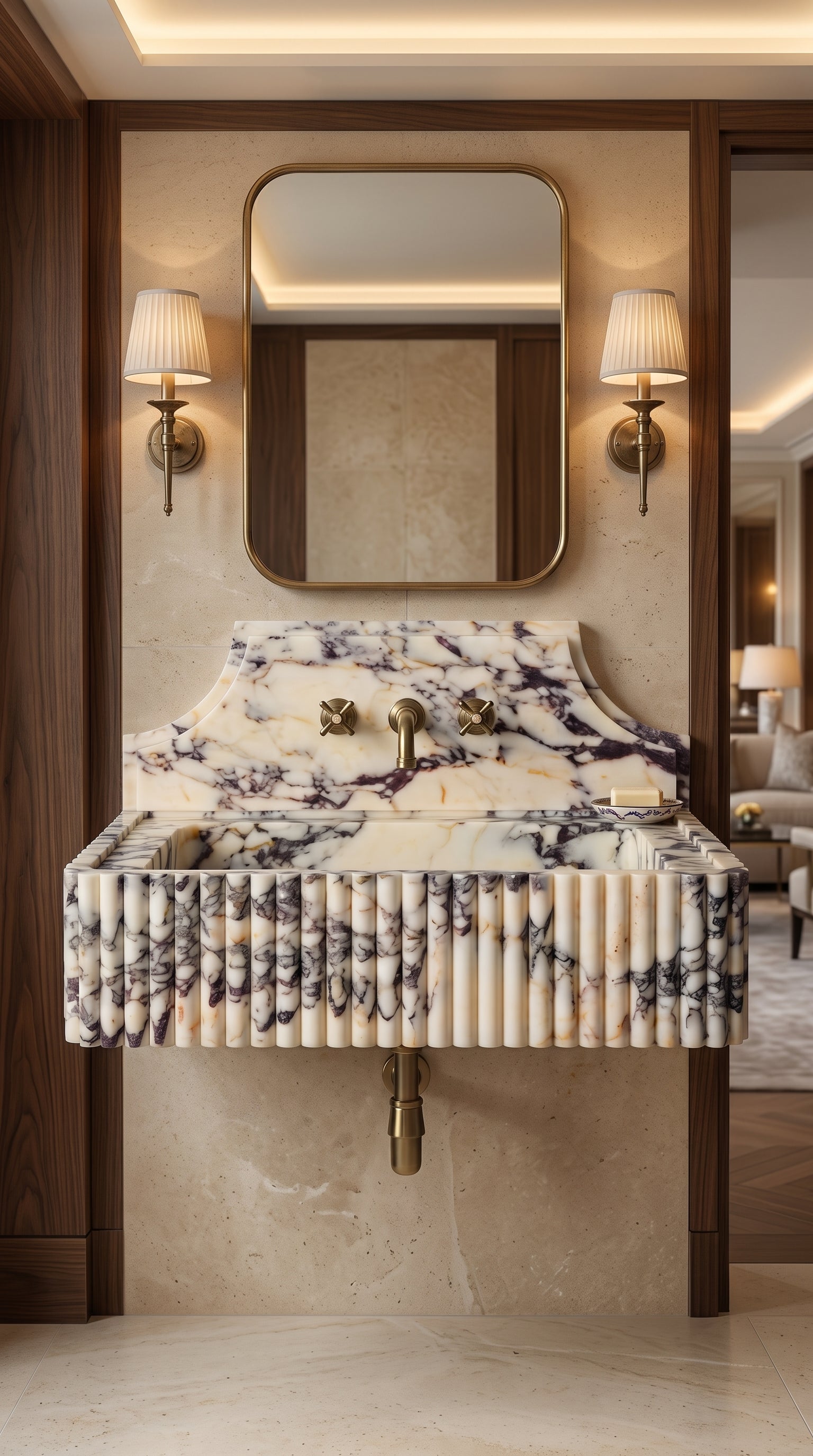 Front-facing video view of the Calacatta Viola marble sink installed in a warm luxury hotel-style powder room.